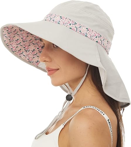 Sombreros de sol para mujer, plegable, ancho Birm Boonie, ajustable, protección UV, sombrero de senderismo con correa resistente al viento