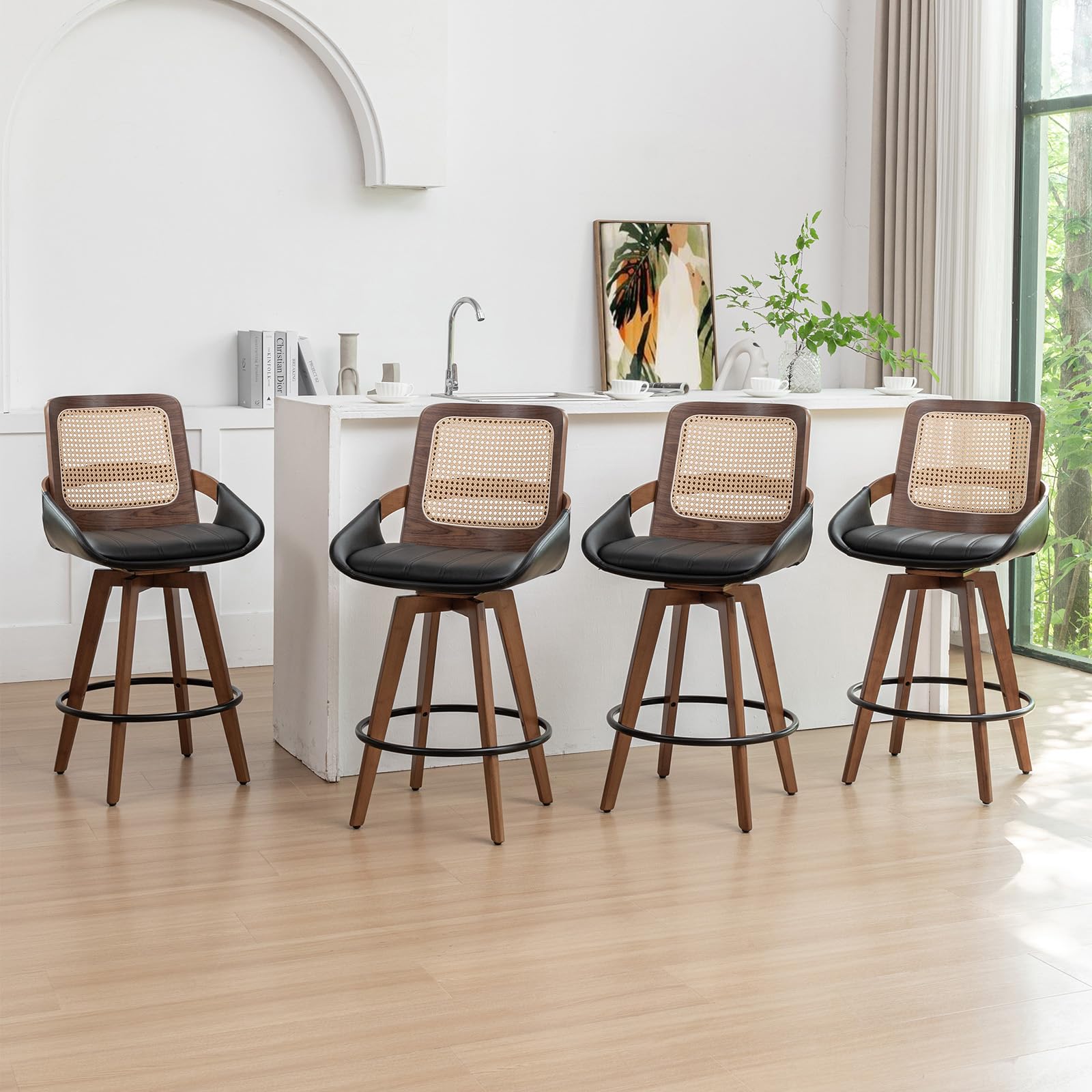Set of 4 Swivel Rattan Counter Stools - 26.4 inch Mid Century Modern Bar Stools with Cane Back, Upholstered Seat, Curved Arms, Faux Leather Bar Stools for Kitchen/Island/Counter (Walnut Black)