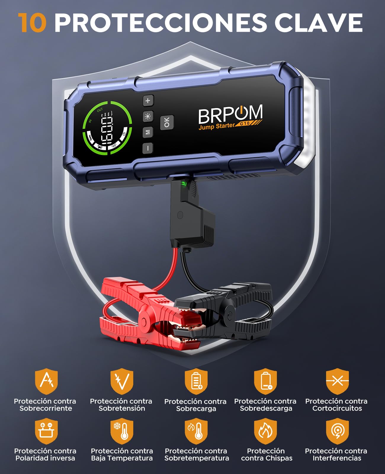 BRPOM Arrancador de Batería Coche 9000A 12V con Compresor 160PSI, Booster Batería Portátil con Inflador Neumáticos, Pantalla LED, Luz 600LM, Pinzas Inteligentes, para Coches y Motos