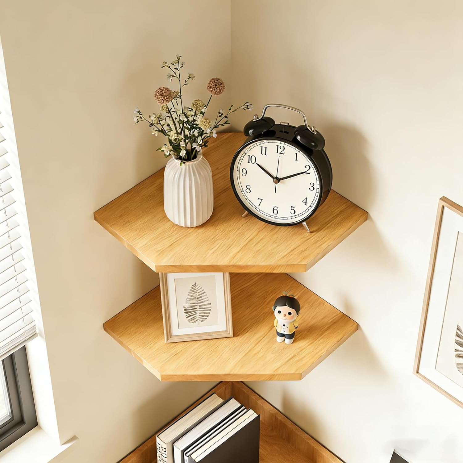 JiudunsKylight Corner Wall Shelf, 11.2 inch Floating Corner Shelves for Wall with Wire Hole, 2 Pack Oak Wood Shelves for Bedroom, Kitchen, Living Room Decor, Storage for Speakers, Photos