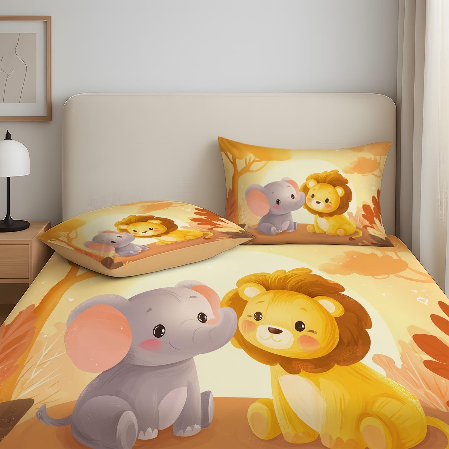 Cartoon Tiere Spannbetttuch Warm Süß Tiger Kleiner Elefant Spannbettlaken 200 x 200 x 30 cm 3teilig Mikrofaser Bettwäsche Set mit 2 Kissenbezüge 80 x 80 cm Kein Flachbettlaken