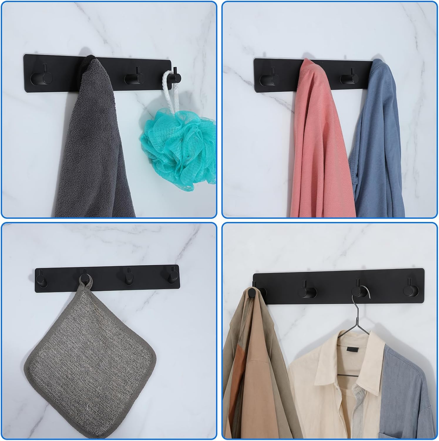 2Pcs 304 Stainless Steel Self Adhesive Towel Hooks, Black Wall Mounted Stick On Towel Hooks 4-Hook Design, 10.1x1.8x1 Inch Rustproof Bathroom Kitchen Organization Strong Hold Adhesive