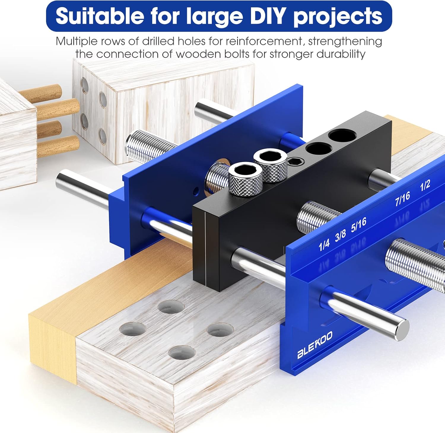 Upgraded 6.7 inch Self Centering Doweling Jig Kit, Drill Jig For Straight Holes Biscuit Joiner Set With 6 Drill Guide Bushings, Adjustable Width Drilling Guide Power Tool Accessory Jigs (Blue)