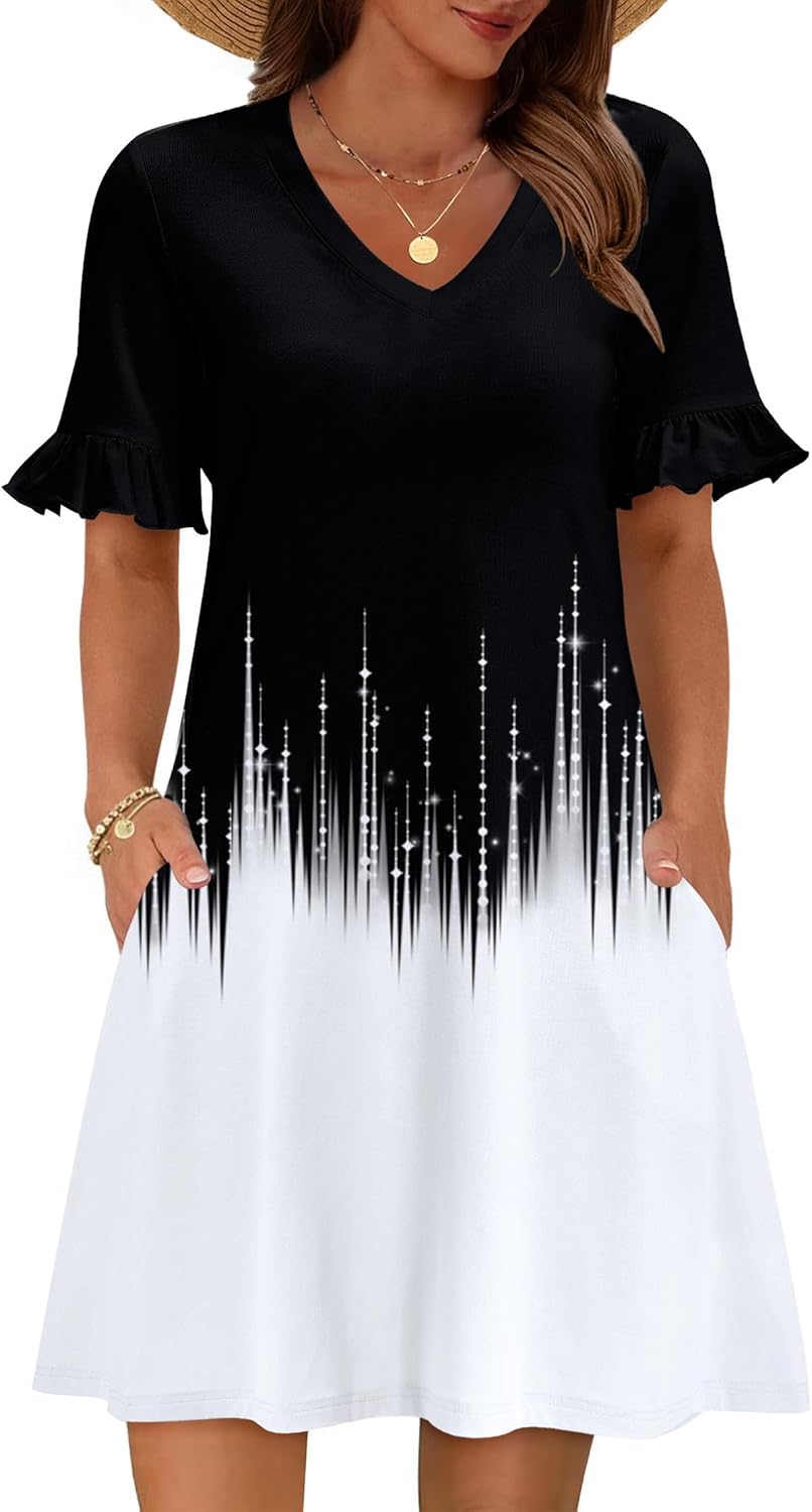 Zeagoo Summer Casual Dresses for Women A Line Sun Dress Ruffle Short Sleeve V Neck Floral Tshirt Dress with Pockets
