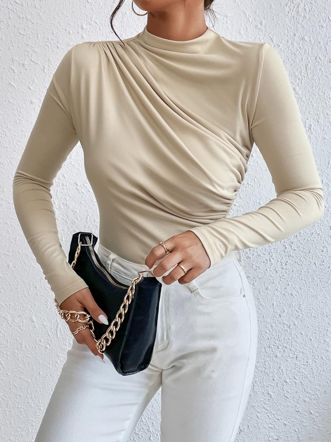 SweatyRocks Women's Bodysuit Mock Neck Casual Ruched Long Sleeve Jumpsuit - Image 4