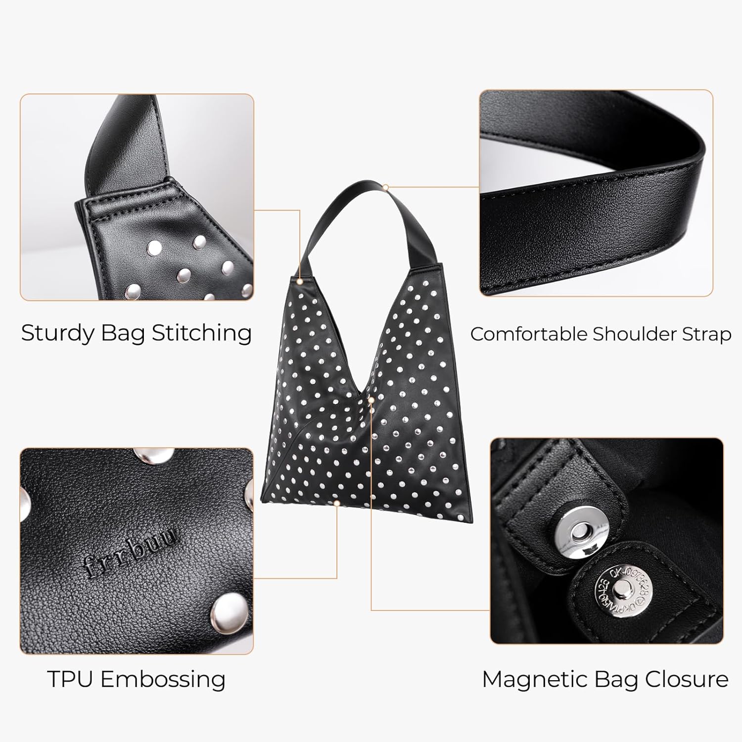 Black Studded Shoulder Bag, Large Vegan Leather Purse for Women, Edgy Tote Bag for Work and Daily Use