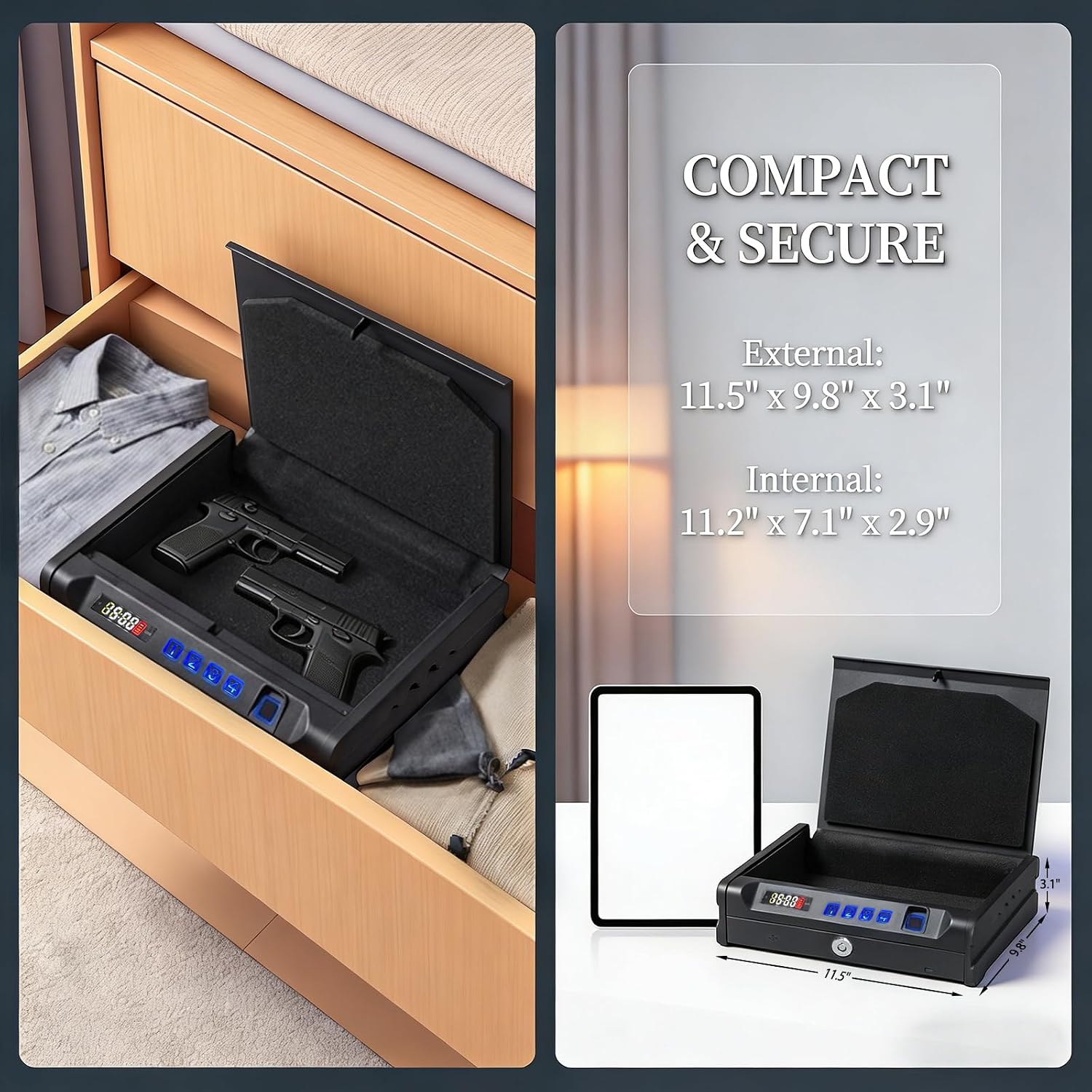 Biometric Gun Safe Holds 2 Pistols, with Fingerprint, Key & Digital Keypad Unlocking, Internal Light & Silent Mode, Gun Lock Box for Home Bedroom, Bedside, Nightstand & Car, Emergency Charging Port.