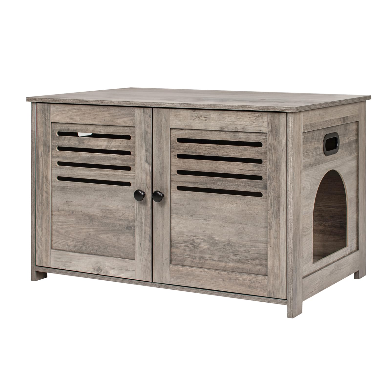 DINZI LVJ Litter Box Enclosure, Cat Litter House with Louvered Doors, Entrance Can Be on Left or Right Side, 31.5" Long Hidden Washroom for Most of Litter Box, Cat Furniture Cabinet, Greige