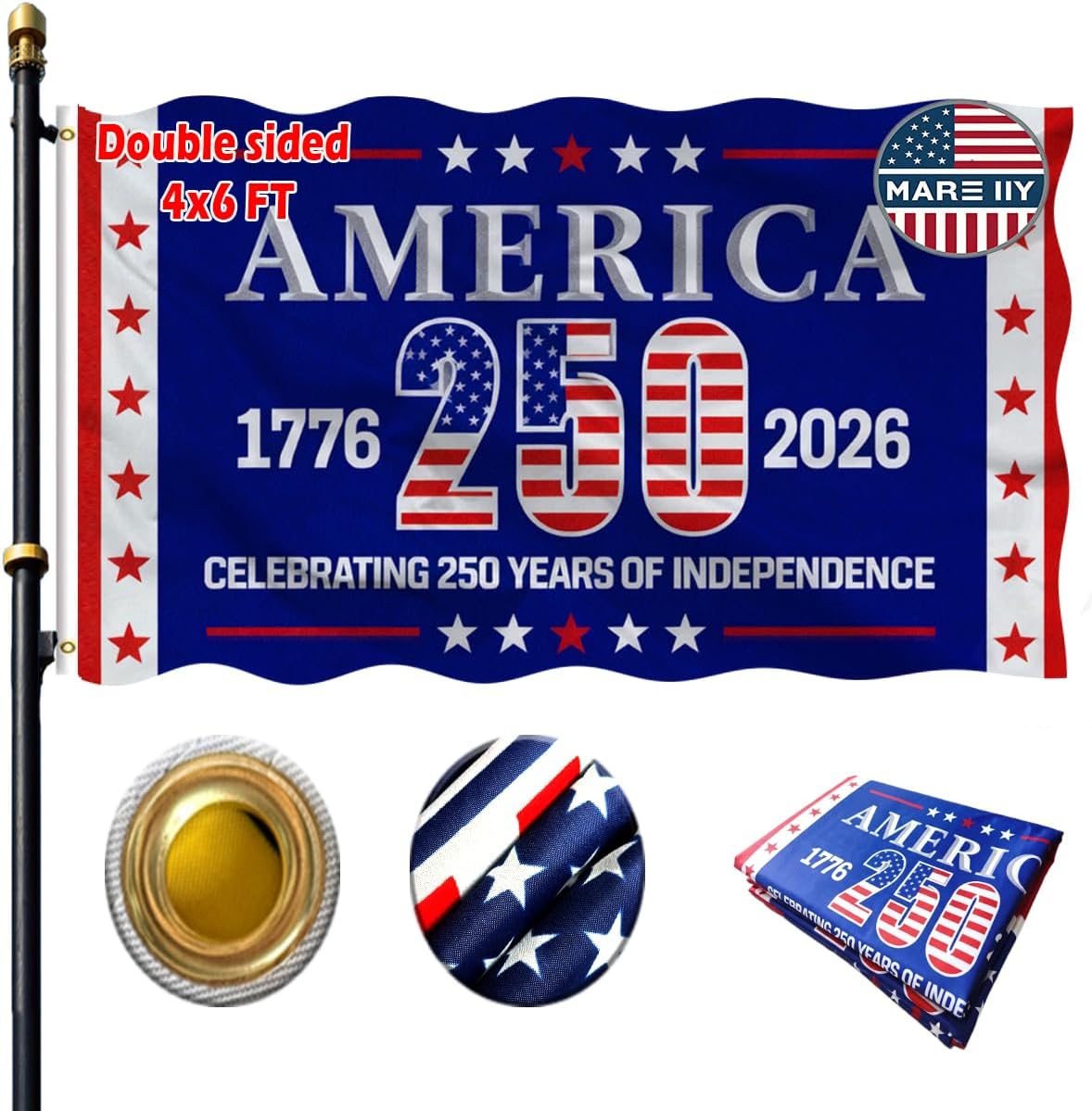 VOLTA Blue American Flag 4x6 ft for 250th Anniversary - Double Sided Heavy Duty Outdoor Flag, 3-Ply UV Fade Resistant with Brass Grommets, 1776-2026 USA Freedom Banner for Yard & Indoor Decor