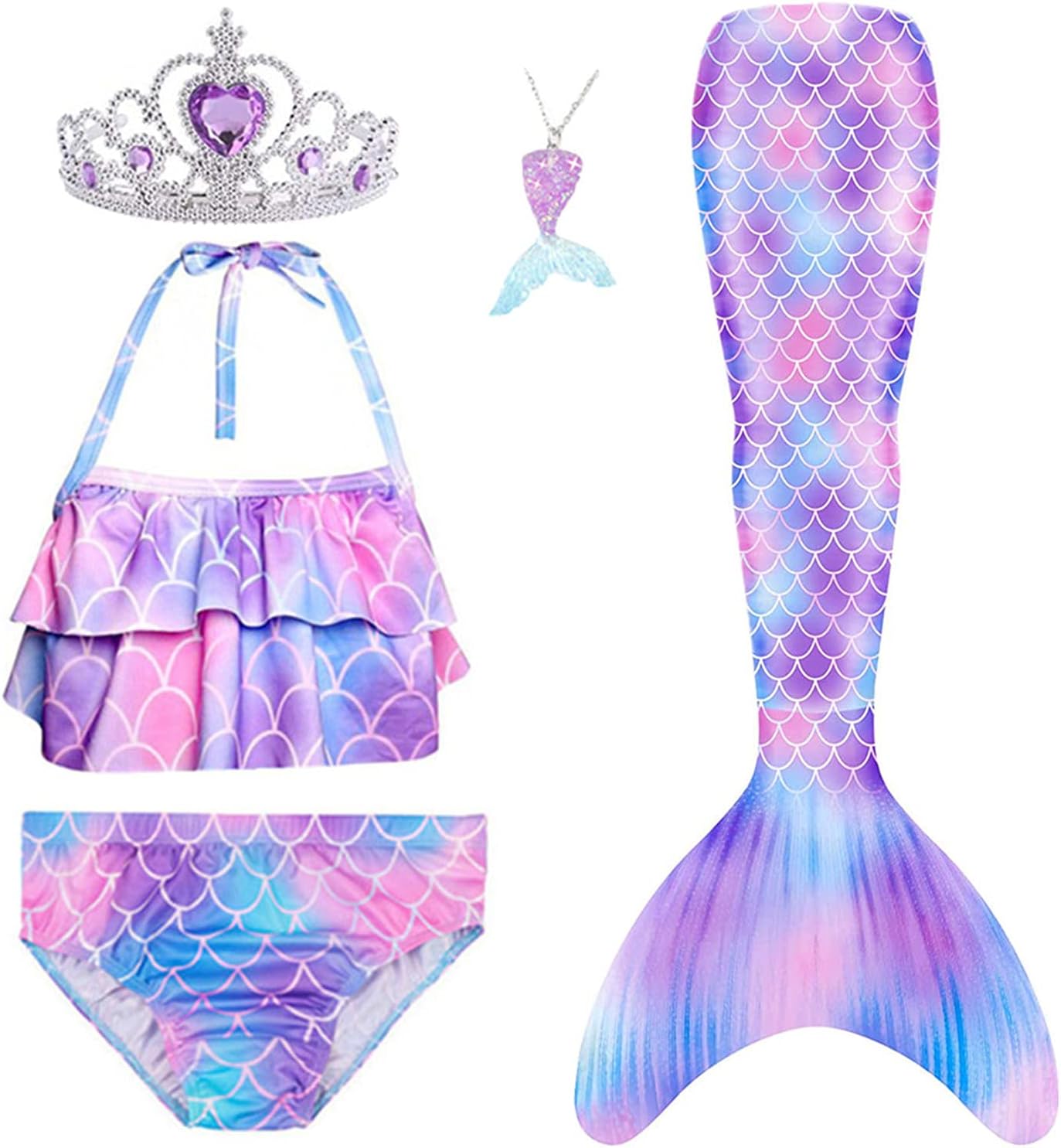 Lovely Mermaid 5Pcs Girls Swimsuit Princess Costume Bikini Sets Bathing Suit Set No Monofin 4T 6T 8T 10T 12T