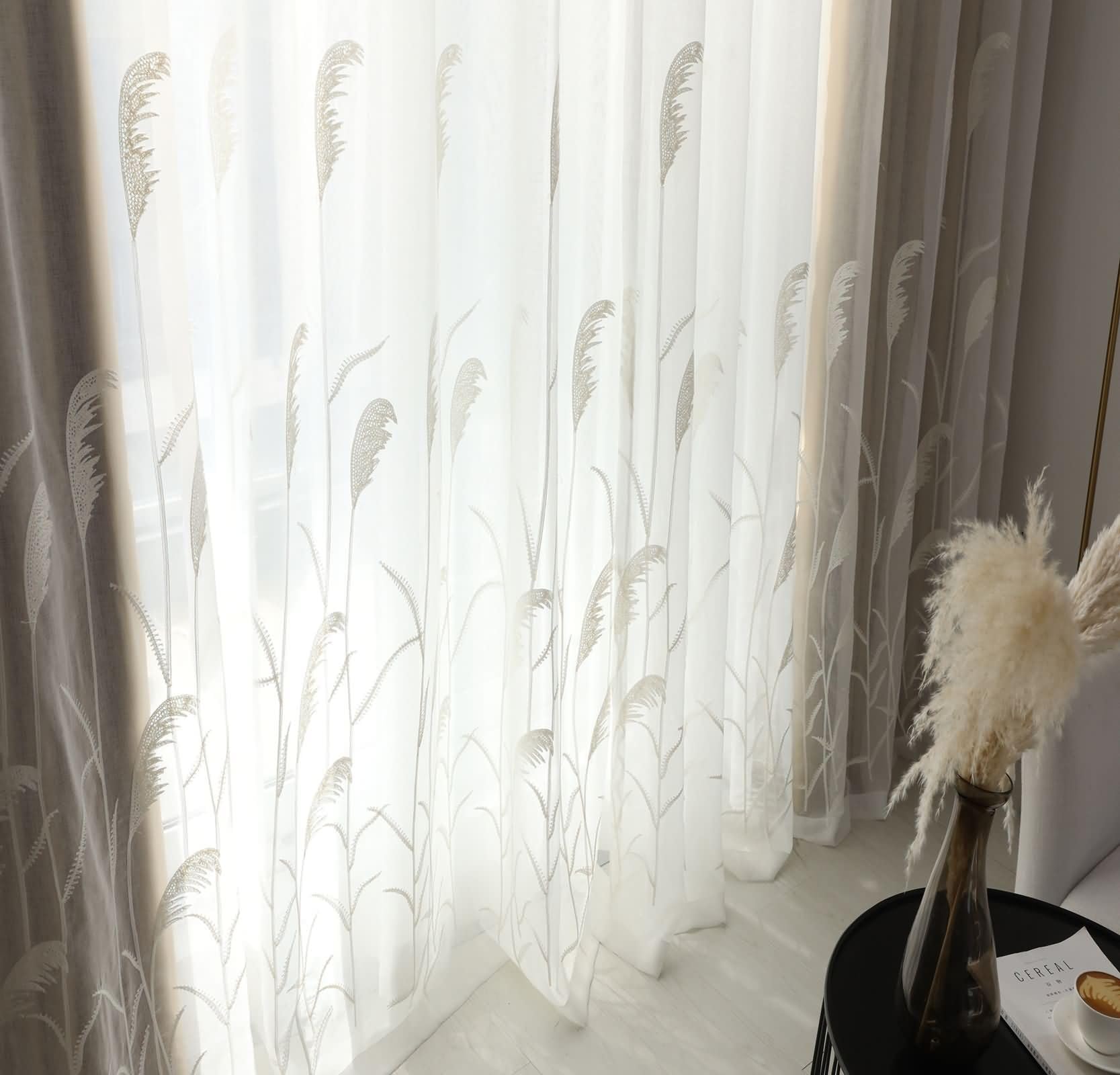 Voile Gardinen Transparent 2er Set,2 x 137W x 183H cm,Vorhänge Wohnzimmer Durchsichtig Weiß Blätter Muster Gardinen für Gardinenhaken