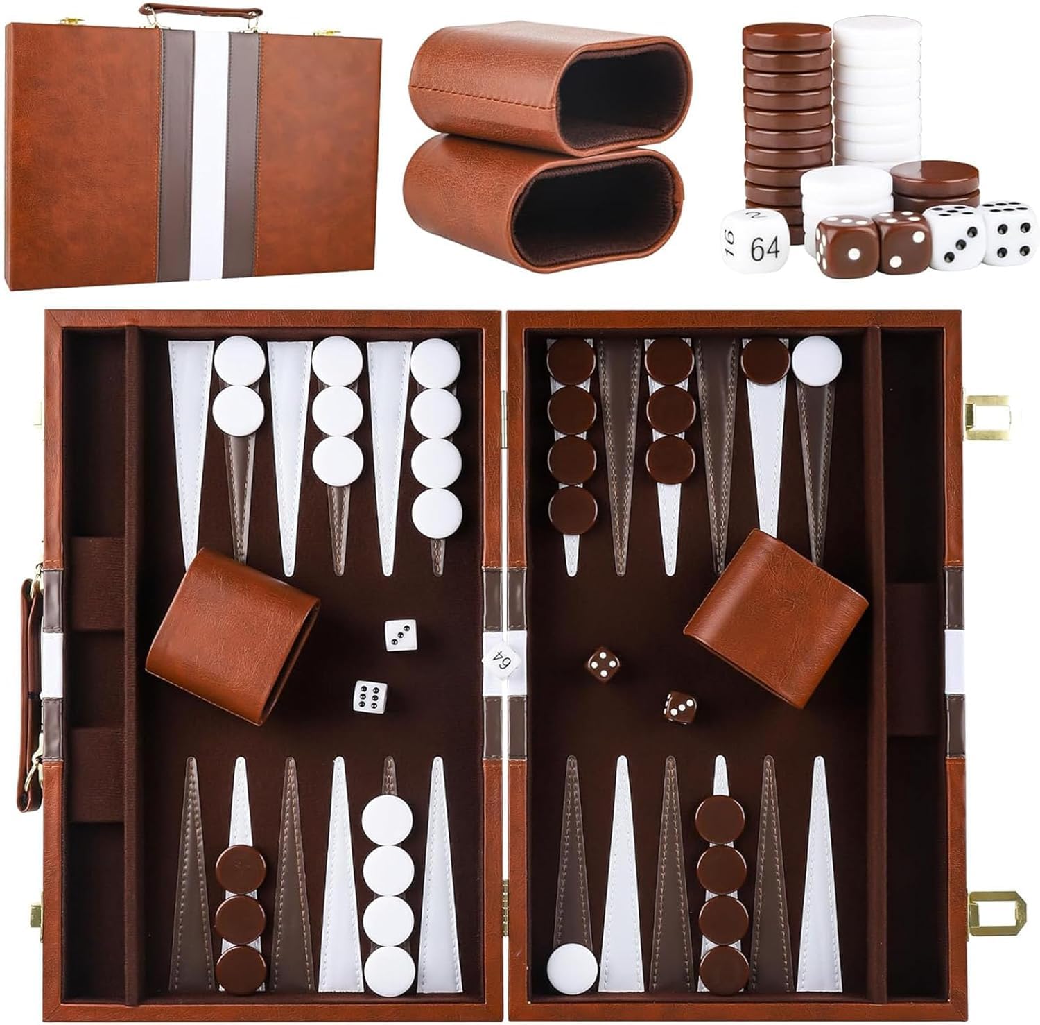 Backgammon Valise en bois 38 cm pour 2 joueurs - Classique - Avec étui en cuir de qualité supérieure - Portable et avec gobelet à dés - Pour les campeurs et les fans de voyage