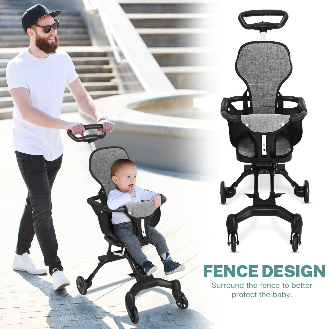 Toyvian Poussette portable ultra légère avec siège paysager haut, poussette de voyage à pliage rapide pour voyages en avion, poignée réglable, sécurité complète pour garçon et fille