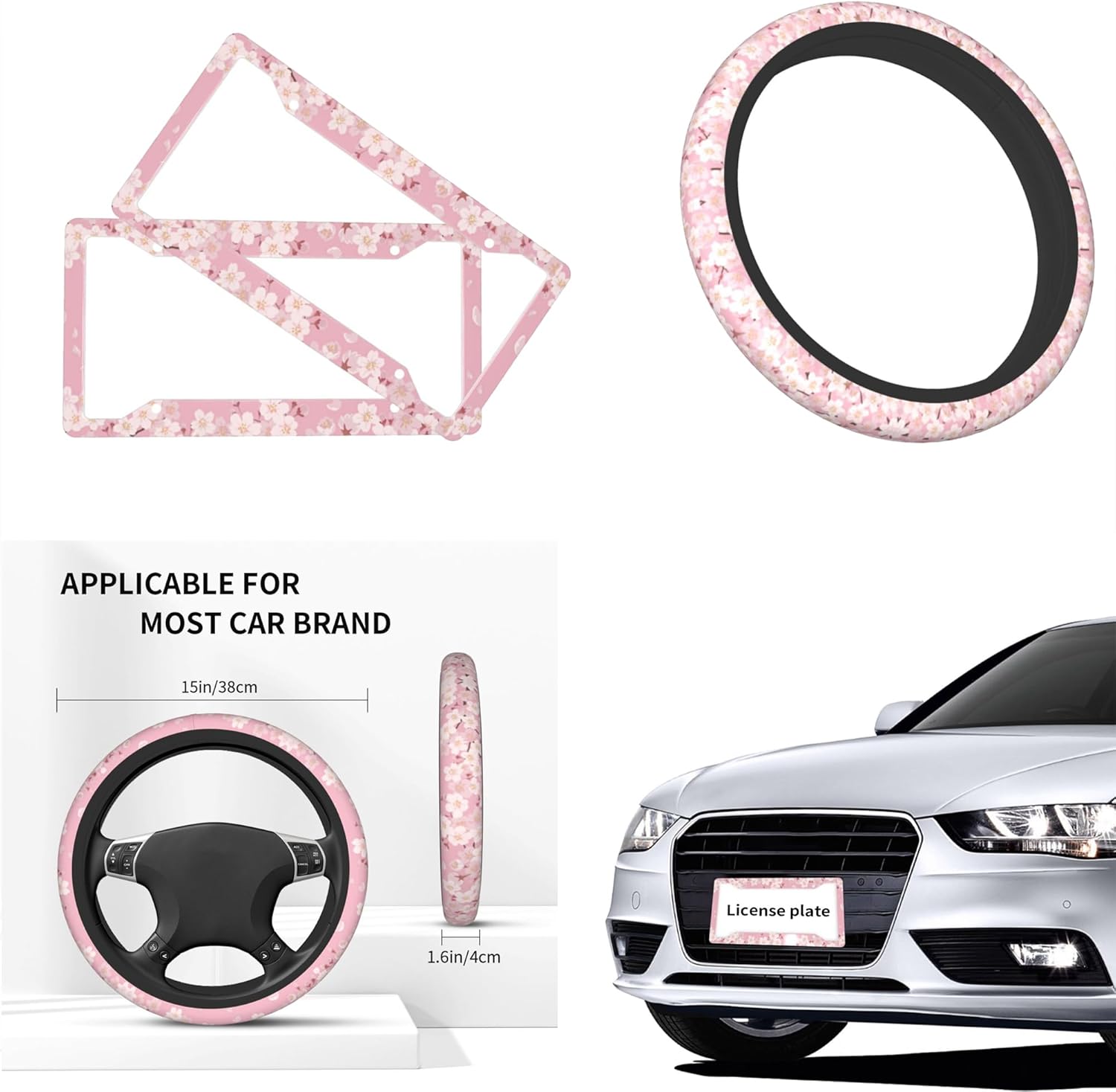Pink Cherry Blossom License Plate Frame & Flower Steering Wheel Cover Fashion Aluminum License Plate Frames Anti-Slip Breathable Steering Wheels Protector with Screws Fasteners Caps for Men Women
