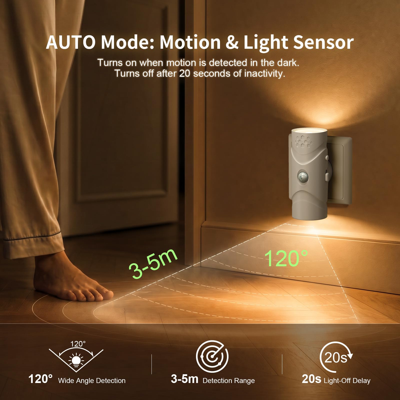 Luz Nocturna LED de Enchufe con Sensor de Movimiento, Lampara Noche Niños 40LM Regulable Continua, Doble Iluminación Arriba Abajo 3 Modos, 3000K Blanco Cálido para Pasillo Escaleras (4)