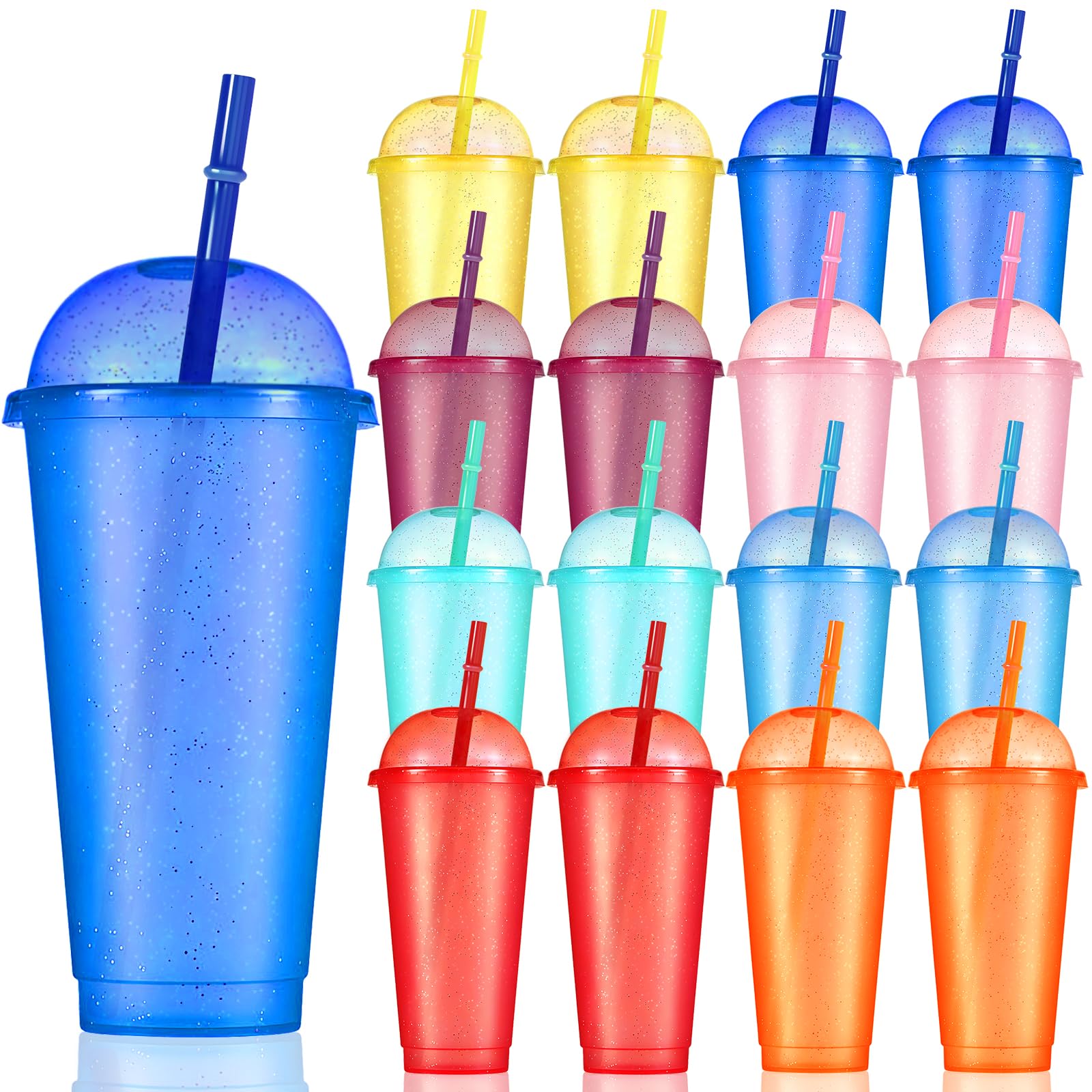 CoKeeSun Tumblers with Lids & Straws, Smoothie Cups 16PCS, 24oz/710ml Colour Changing Cups 8 Colors, Recyclable and Reusable Plastic Cups, Iced Coffee Cup for Party Kid Travel Mugs â image 1