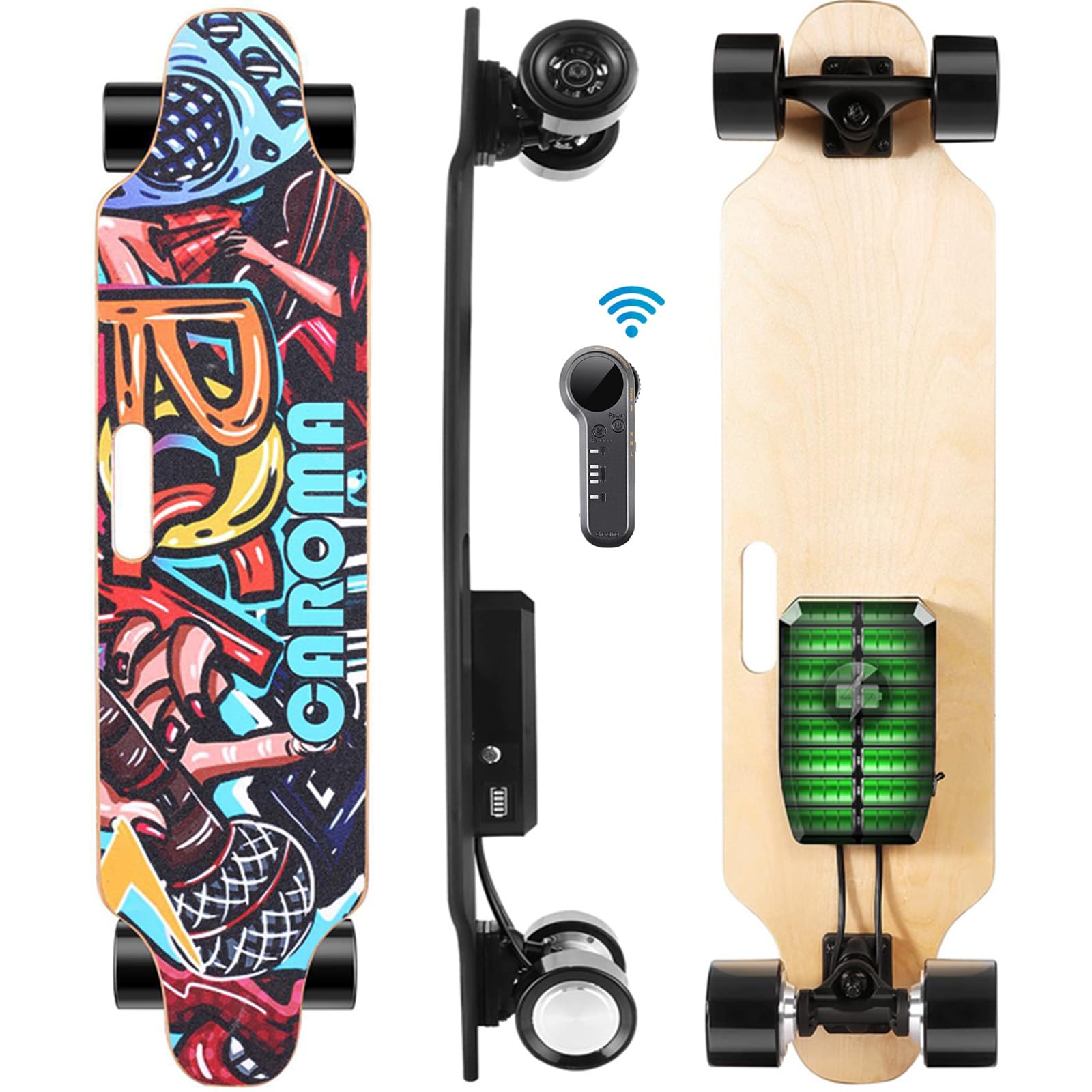 Caroma Electric Skateboard with Remote, 700W Electric Longboard,18.6 Mph Top Speed & 12 Miles Range, Suitable for Adults & Teens Beginners, Built-in Intelligent BMS, Easy Carry Handle Design