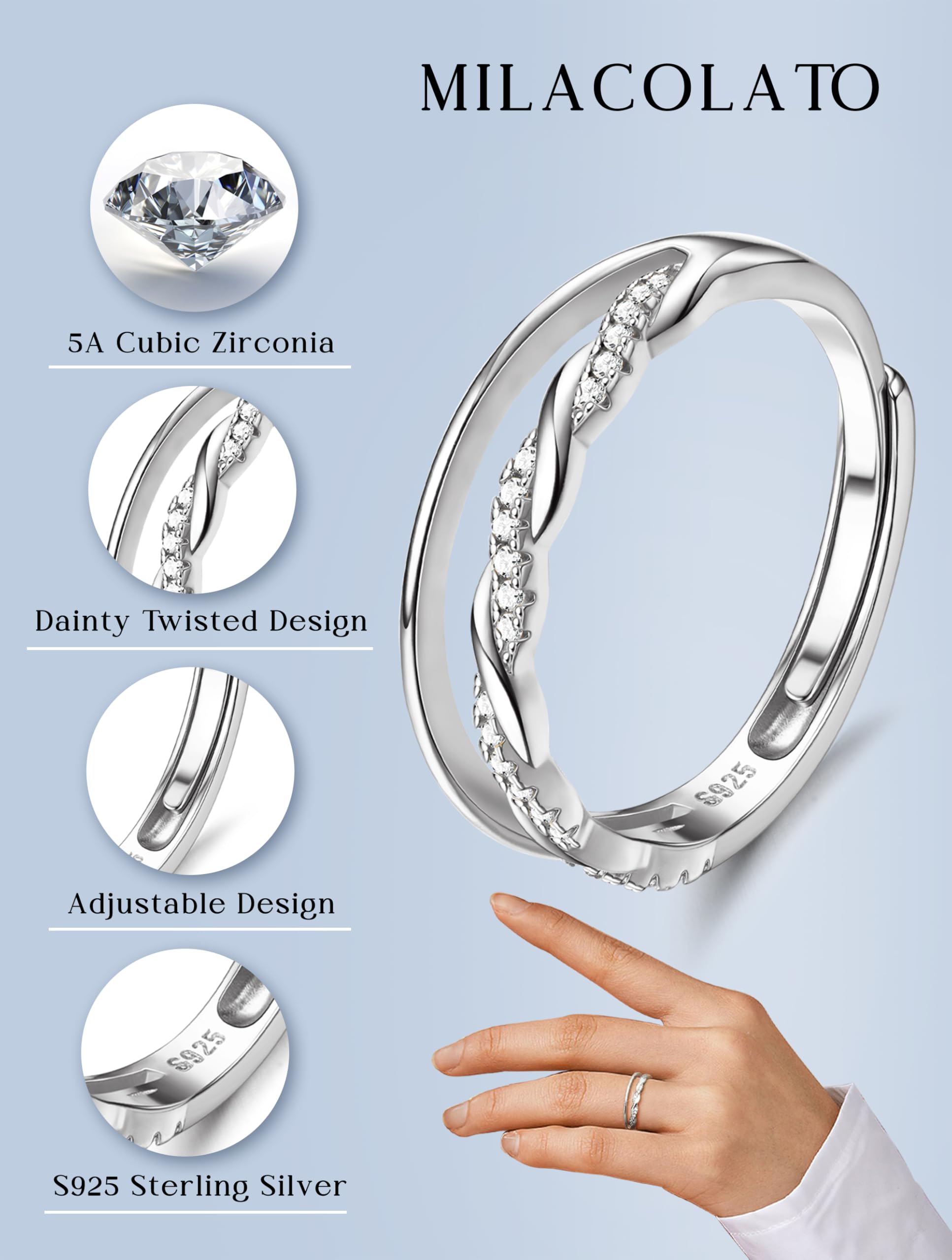 MILACOLATO 925 Bague en Argent Sterling Délicate Torsadée Zircone Cubique éternité Promesse Alliance Bague Bague de pouce Réglable Bague en Or Rose Or Argent Bague pour Femmes Dames Filles