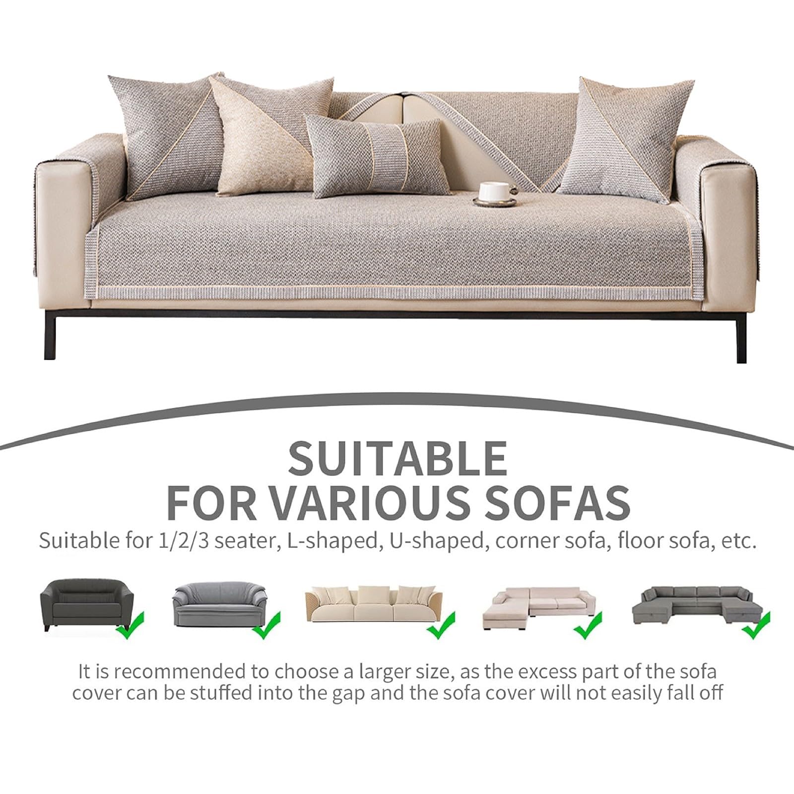 Baumwolle und Leinen rutschfest Sofaschoner Vintage Sofabezug Weiche 1/2/3/4 Sitzer Couch Überzug Sofaüberwürfe für U Form L Form Sektionssofa(Beige,70x210cm)