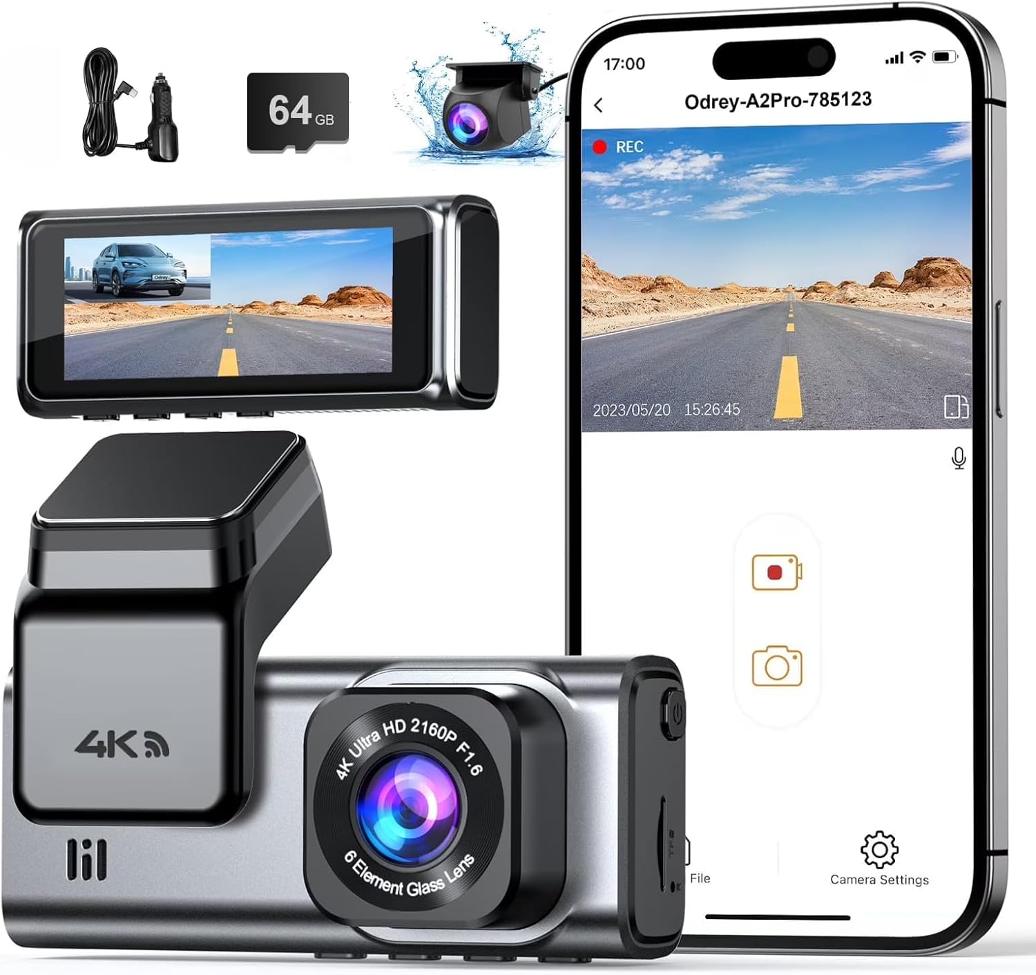 ODREY A2 Pro Dash Cam Front and Rear, 4K + 2.5K Dual Recording, 5G WiFi Car Camera with IMX335 Sensor, Night Vision, G-Sensor, Loop Recording, Parking Mode, 64GB Card Included