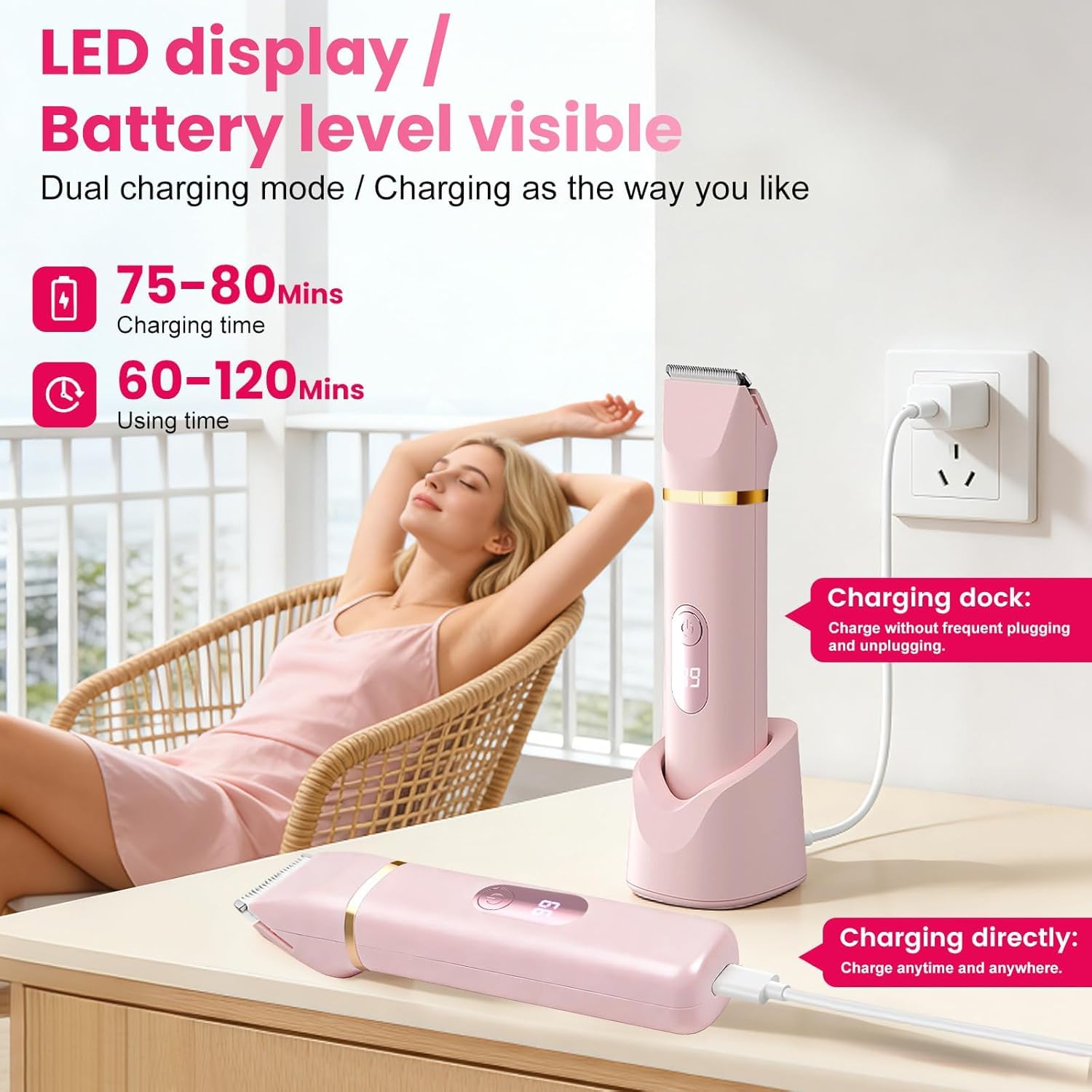 Rasoir Electrique Femme 5 en 1 Tondeuse Bikini Étanche IPX7 Rasoir Intime Femme 5 Têtes Interchangeables pour Visage, Bras, Jambes, Aisselles avec Base de Charge USB