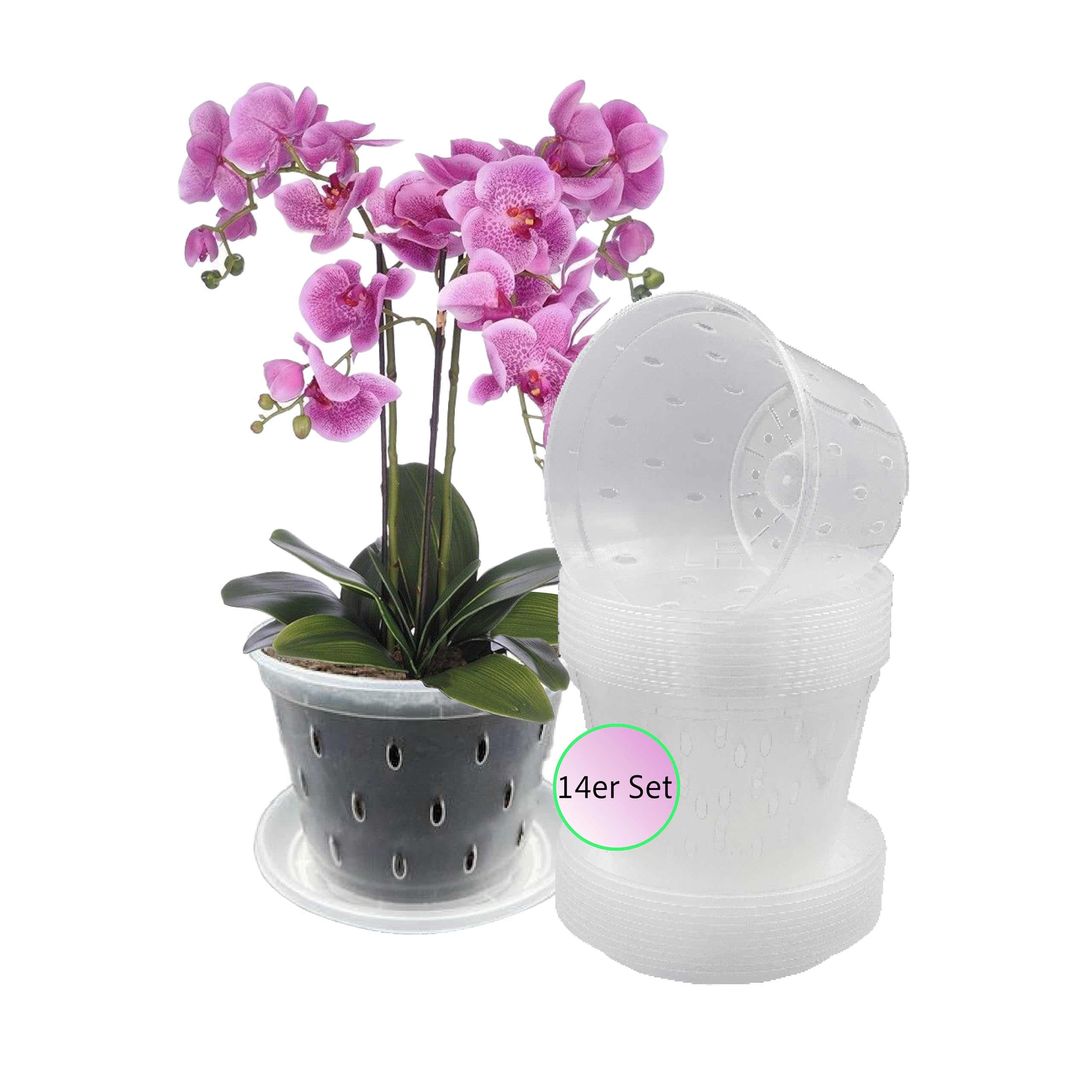 Garten lux Juego de 14 macetas transparentes para orquídeas con agujeros de drenaje, diámetro de 14 cm, 1 l y 14 unidades, de plástico, para orquídeas para interiores