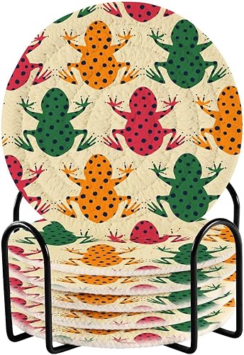 Miniatura 1 de Coasters and Holder Set of 6 Office Coasters for Drinks Cotton Coasters Posavasos para Mesa Colorful Frogs