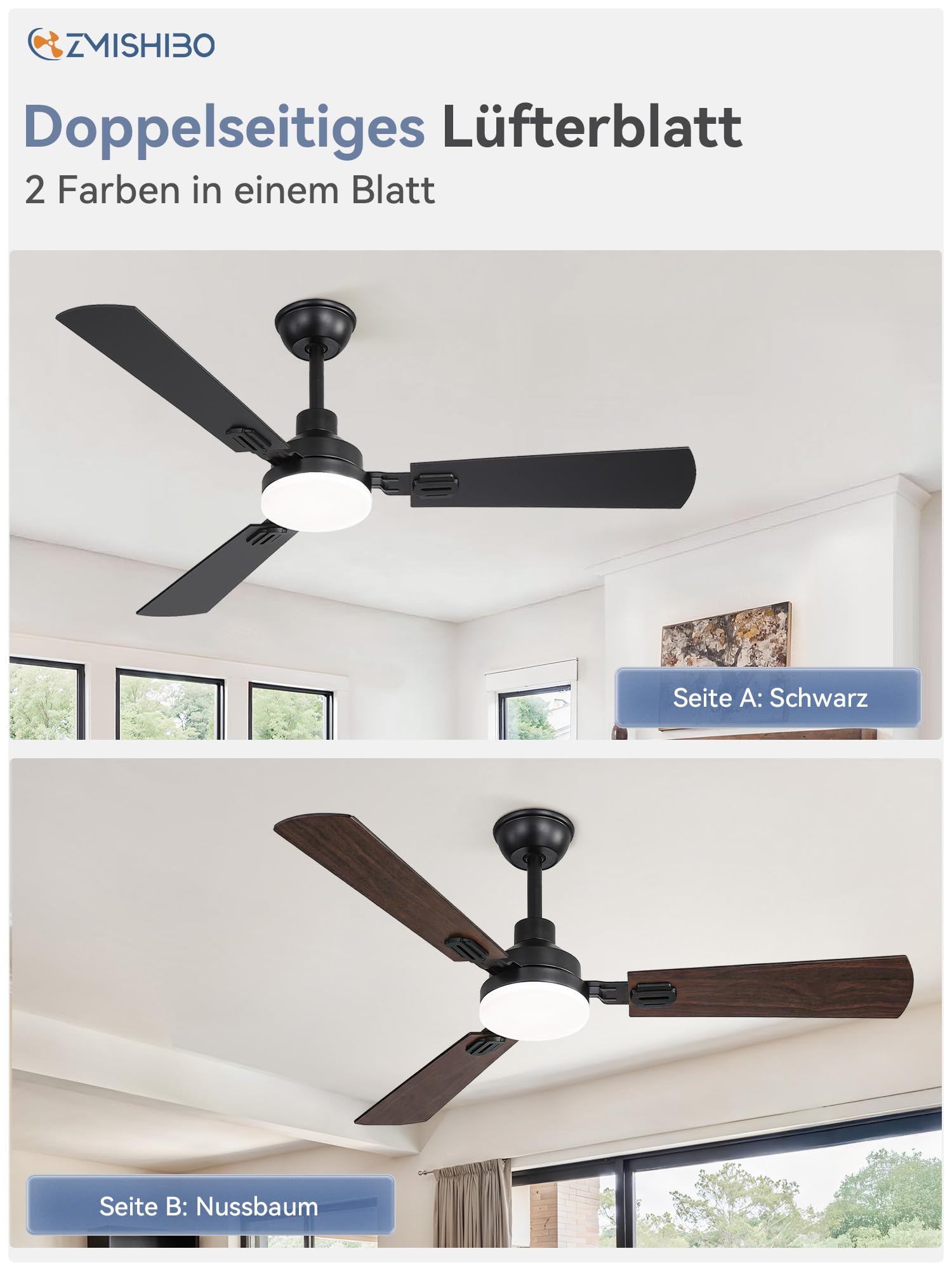 ZMISHIBO Deckenventilator mit LED-Licht 132 cm,Fernbedienung,2 Stangen,Innen & Außen,CCT 3000K-6000K,DC-Motor umkehrbar,leise,6 Geschwindigkeiten,Timer 1 h / 4 h / 8 h,Schwarz + Nussbaum