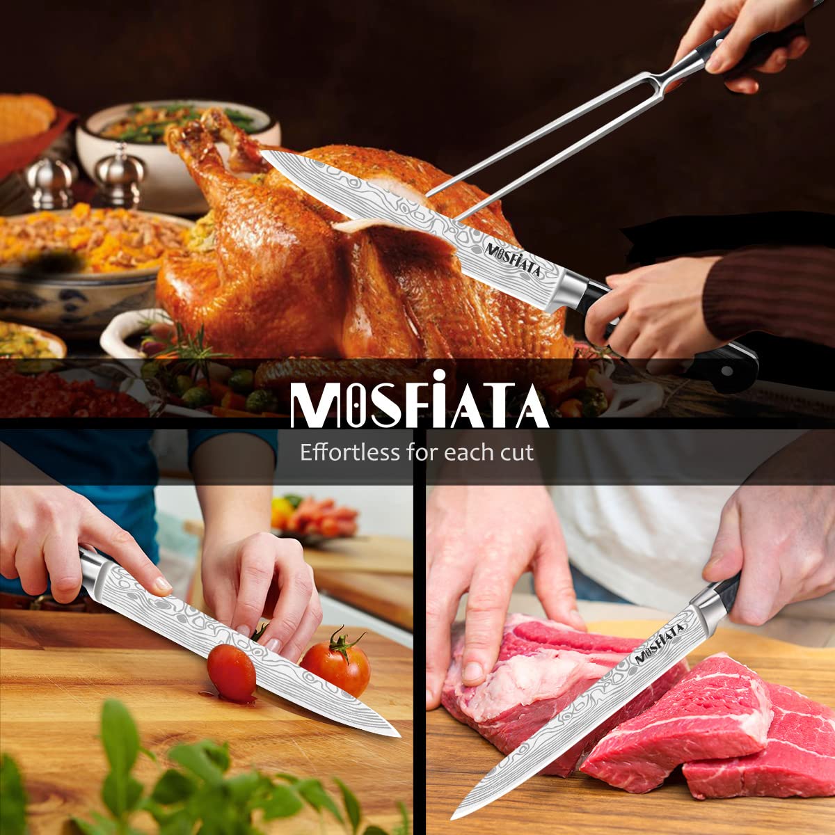 MOSFiATA 8" Carving Knife and 7" Fork Set Brisket Slicing Knife Premium