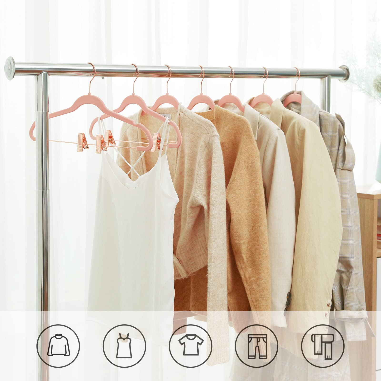 SONGMICS Paquete de 24 Perchas de Pantalones, Perchas de Abrigo de 16,7 Pulgadas con Clips móviles de Color Oro Rosa, Resistentes, Antideslizantes, Ahorro de Espacio, Pantalones, Pantalones, Vestidos