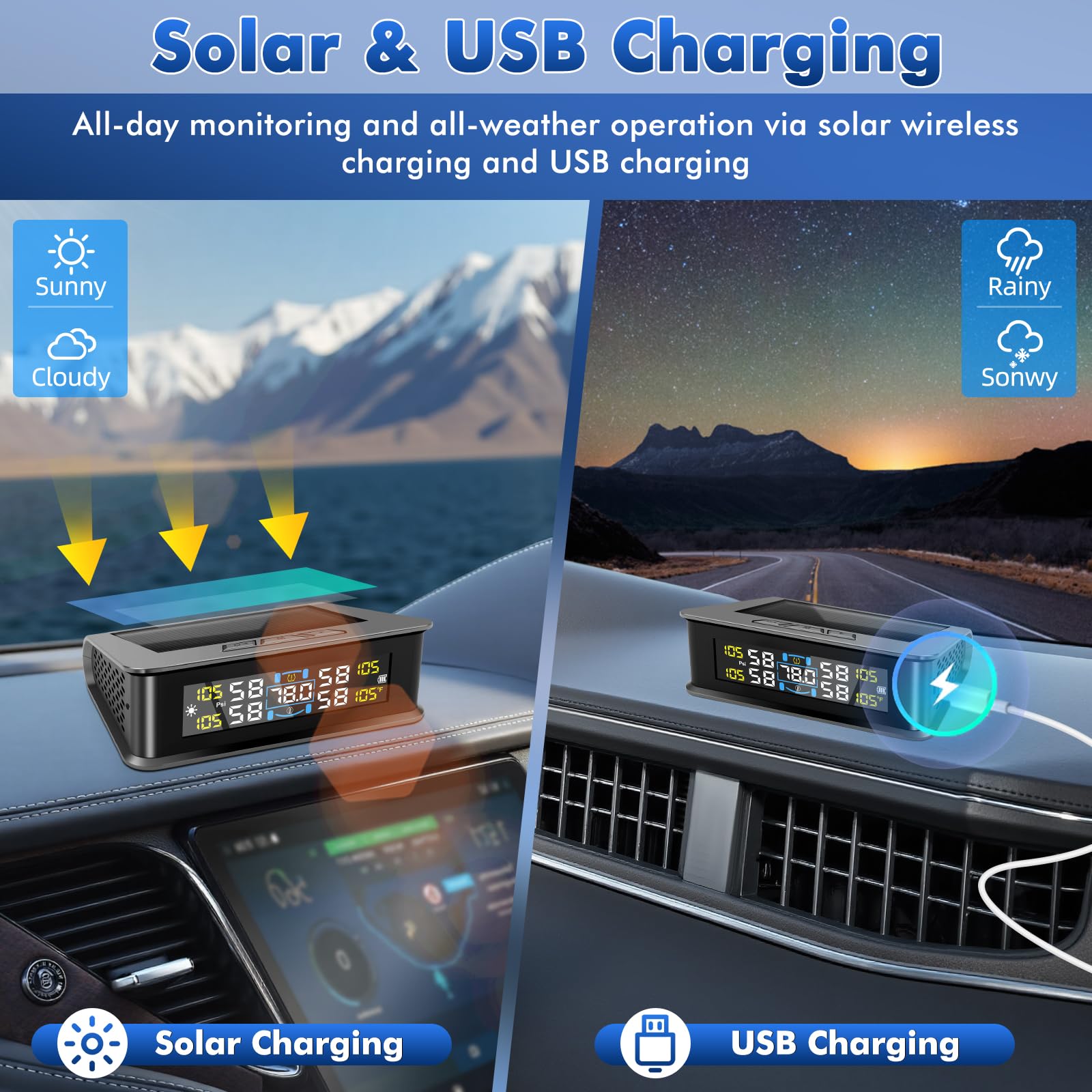 0-5 Bar Sistema di Monitoraggio della Pressione dei Pneumatici TPMS, Solare Wireless e Ricarica USB, 5 modalità di Allarme, 4 Gomme Sensori Esterni, Gamma, Universale per Auto SUV Camper