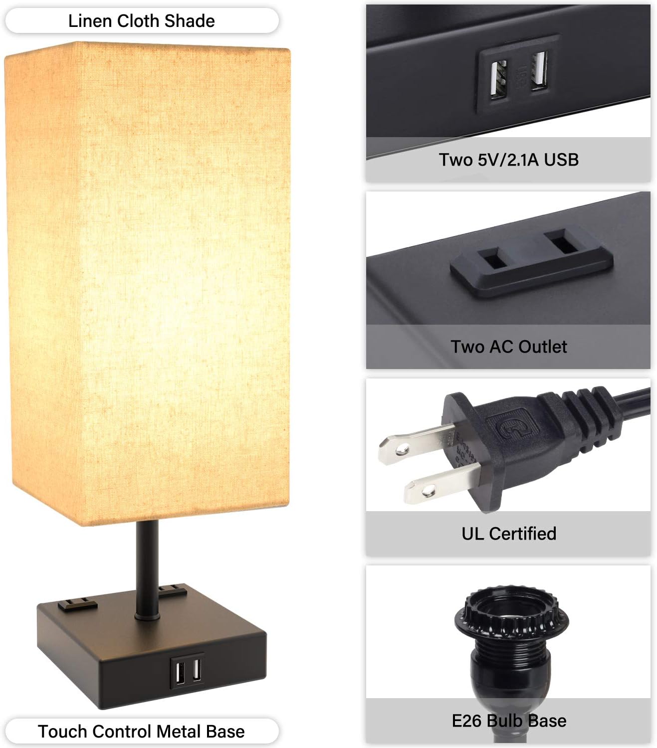 Touch Table Lamp, 3-Way Dimmable Touch Lamp Bedside Lamp with 2 USB Charging Ports and 2 AC Outlets, Modern Desk Lamp Nightstand Bedroom Lamp for Bedroom Living Room Reading Office, LED Bulb Included