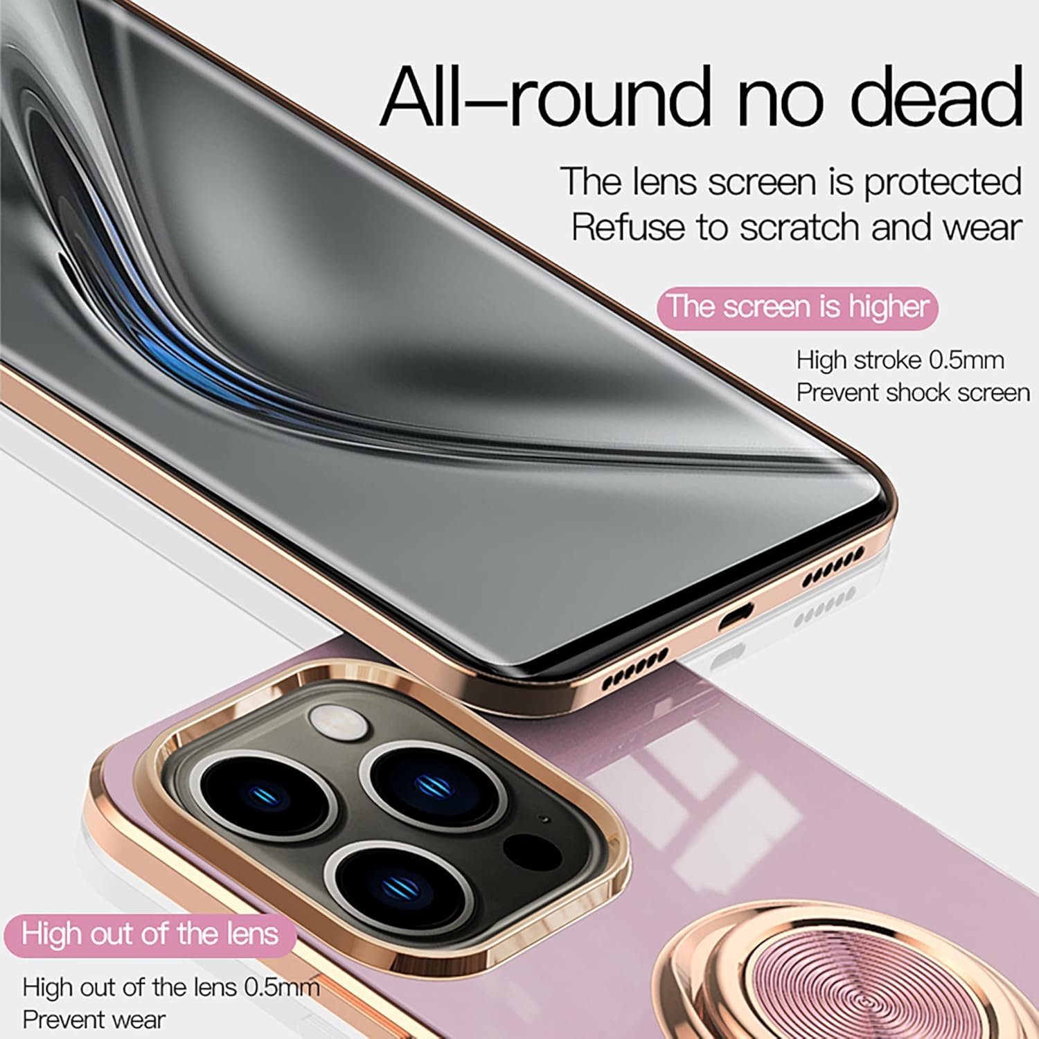 Omorro Compatible with Rose Gold iPhone 14 Pro Case for Women Girls Kickstand Ring Holder 360 TPU Rotation Ring Case with Stand Plating Edge Work with Magnetic Mount Slim Luxury Case, White - Image 4