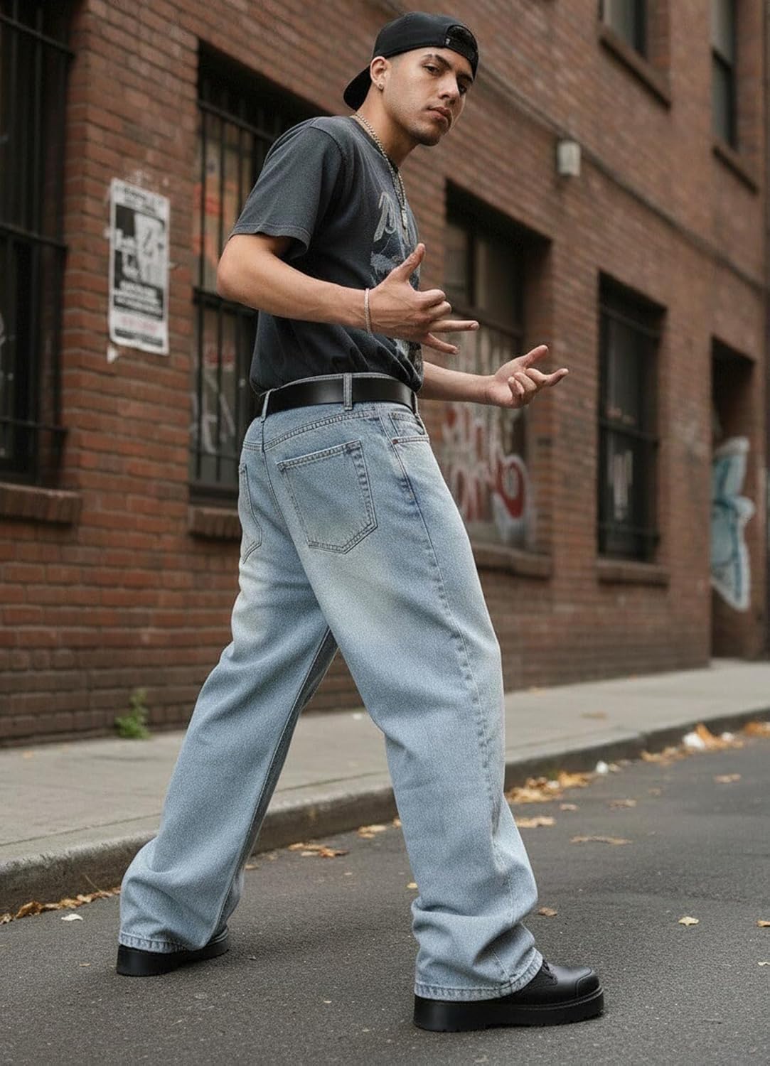 ALLABREVE Men's Baggy Hip Hop Jeans Wide Leg Skater Denim Pants Casual Loose Fit Long Trousers Streetwear - Image 3