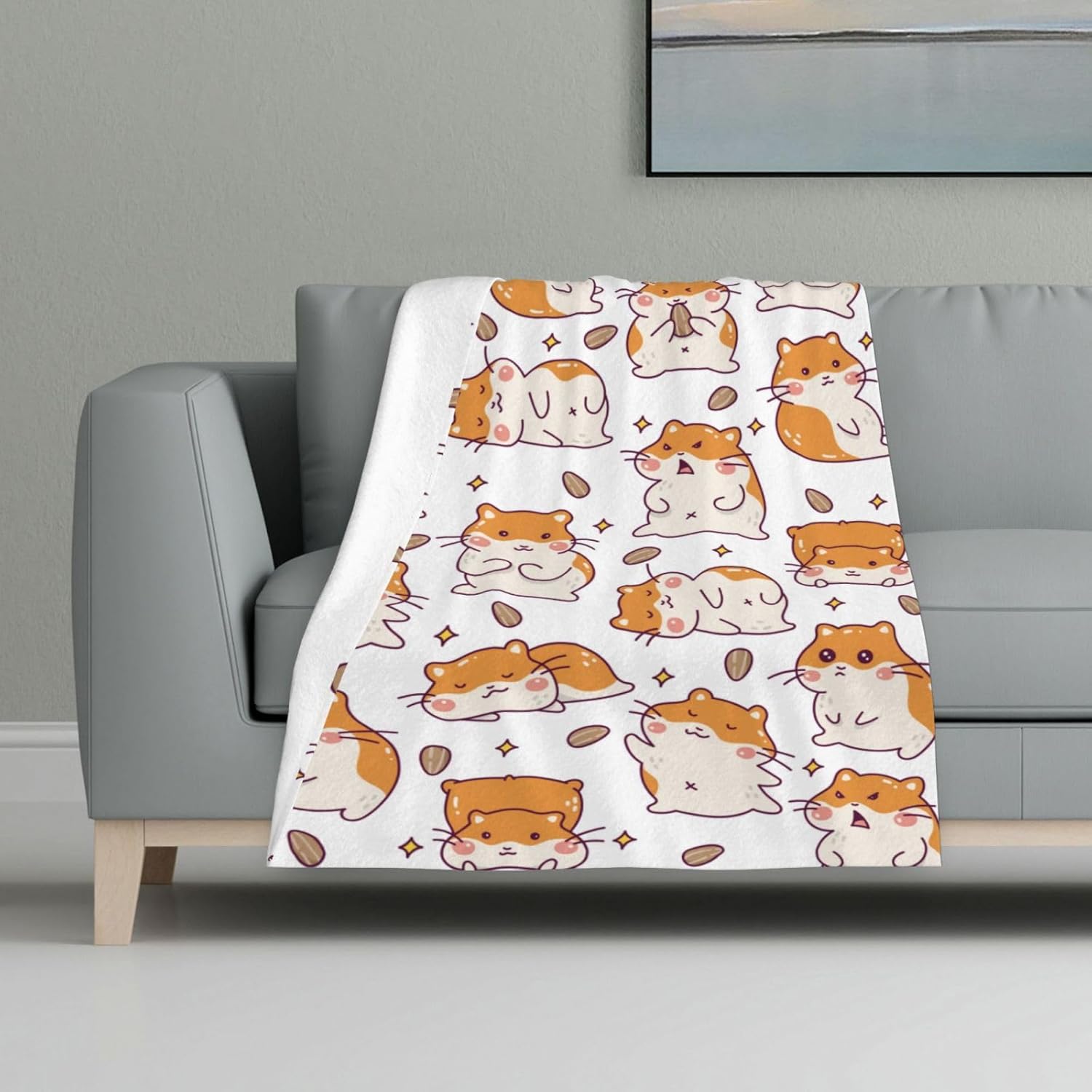 Hamster Blanket for Human, 80" x 60" Flannel Cute Hamsters Themed Stuffed Animal White Throw, Soft Nap Throw Blanket for Boys Girls Women Gifts