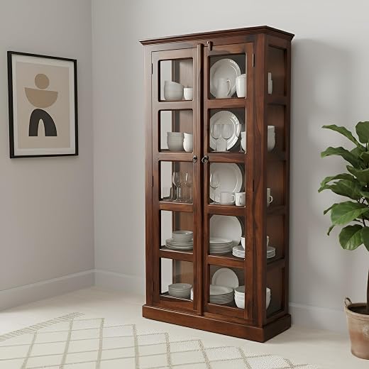 SONA ART &amp; CRAFTS Sheesham Wooden Crockery Cabinet with Glass Door | Solid Wood Multipurpose Storage Cabinets for Living R...