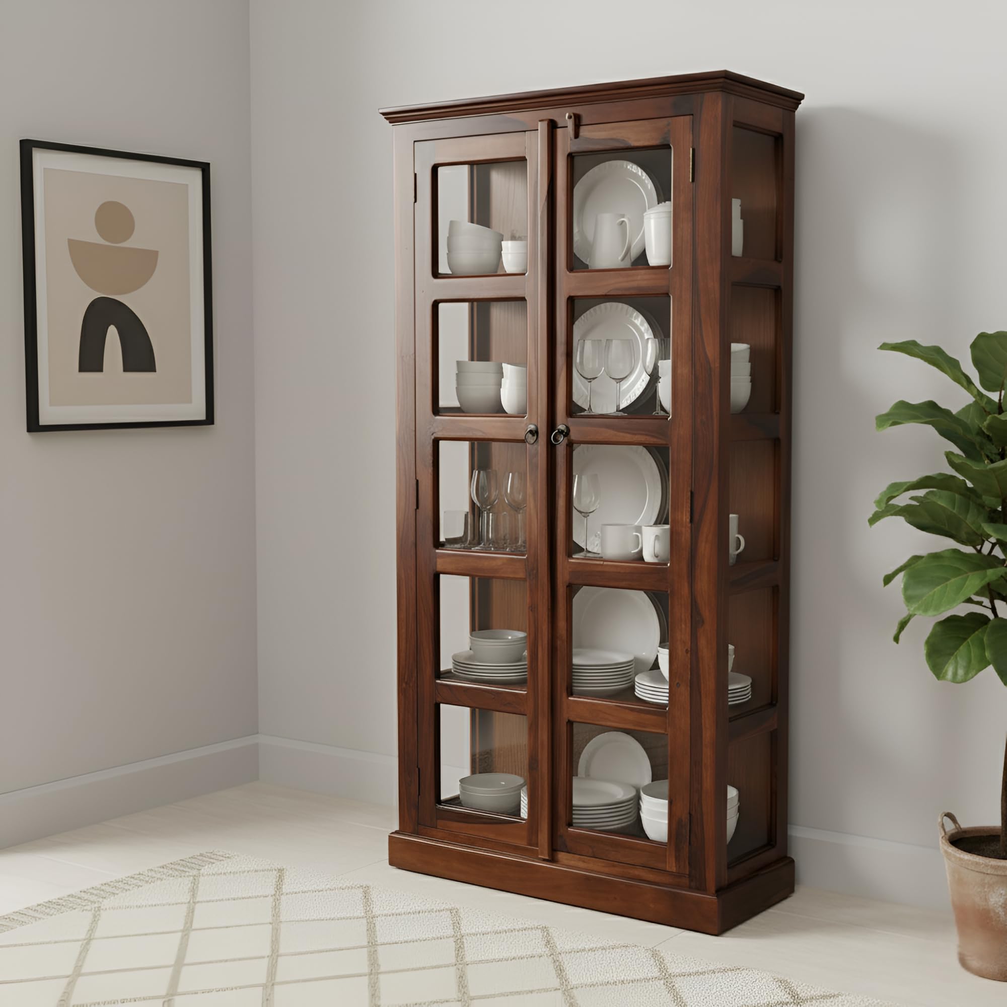 SONA ART & CRAFTS Wood Wooden Crockery Cabinet with Glass Door | Wooden Book Shelf for Home Library | Bookshelf Crockery Unit for Home & Kitchen Living Room, Walnut-image-47