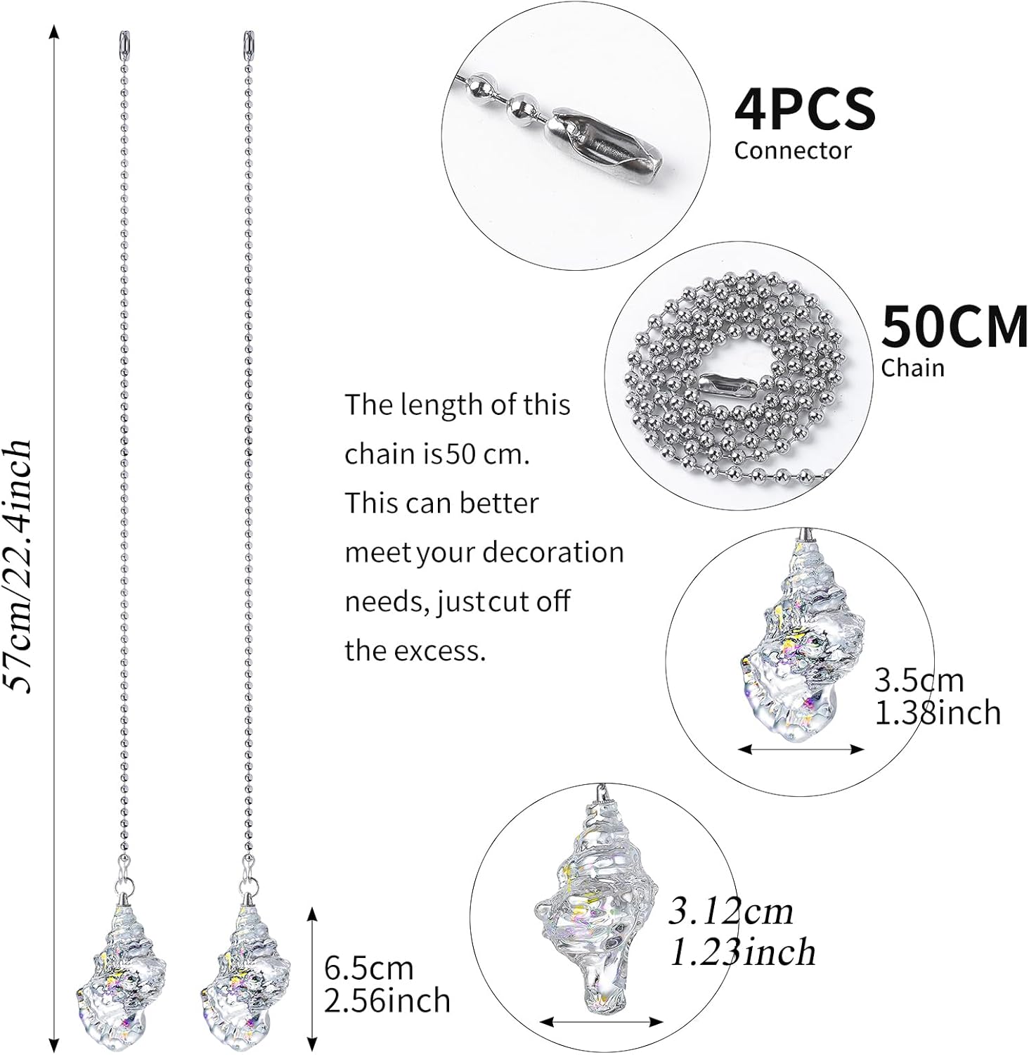 2 Pack Silver Ceiling Fan Pull Chain Extension, Colorful Conch Shaped Pendant Pull Chains for Ceiling Fans and Lights, Decorative Fan Pulls Extenders with Connector