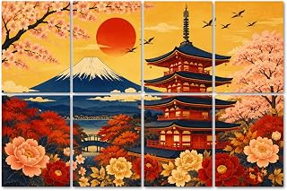 8 Pack Art Acoustic Panels Sound Absorbing Traditional Japanese Pagoda Cherry Blossoms Mount Sunset Scene Decorative Soundproof Wall Panels Self Adhesive for Home Recording Studios 48"x32"