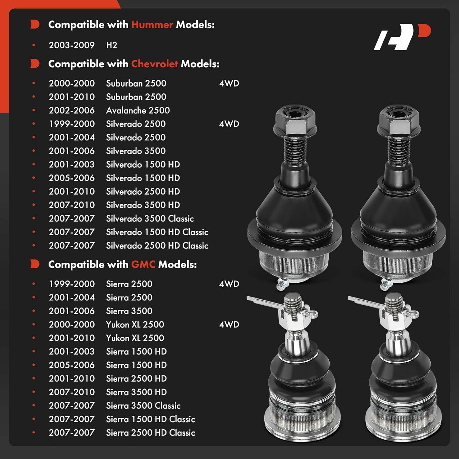 A-Premium Set of 4, Front Upper & Lower Ball Joints Kit, Compatible with Chevrolet & GMC & Hummer - Silverado/Sierra 1500/2500/3500 (HD & HD Classic) Avalanche 2500 Suburban 2500 Yukon XL 2500 H2
