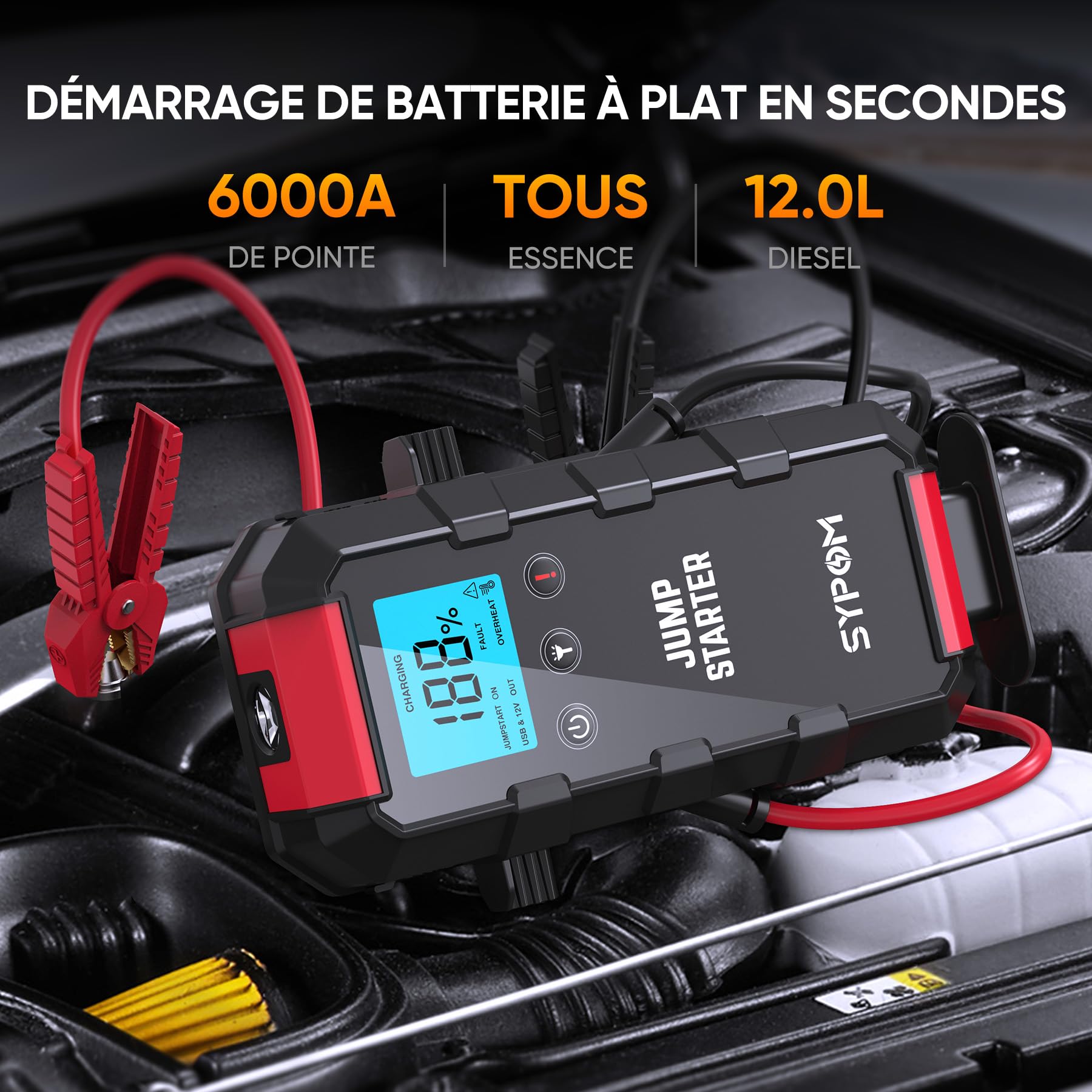 Démarreur de batterie automatique 6 000 A, démarreur d'urgence (jusqu'au gaz et 12 L diesel), 12 V, lampe de poche LED, booster de démarrage