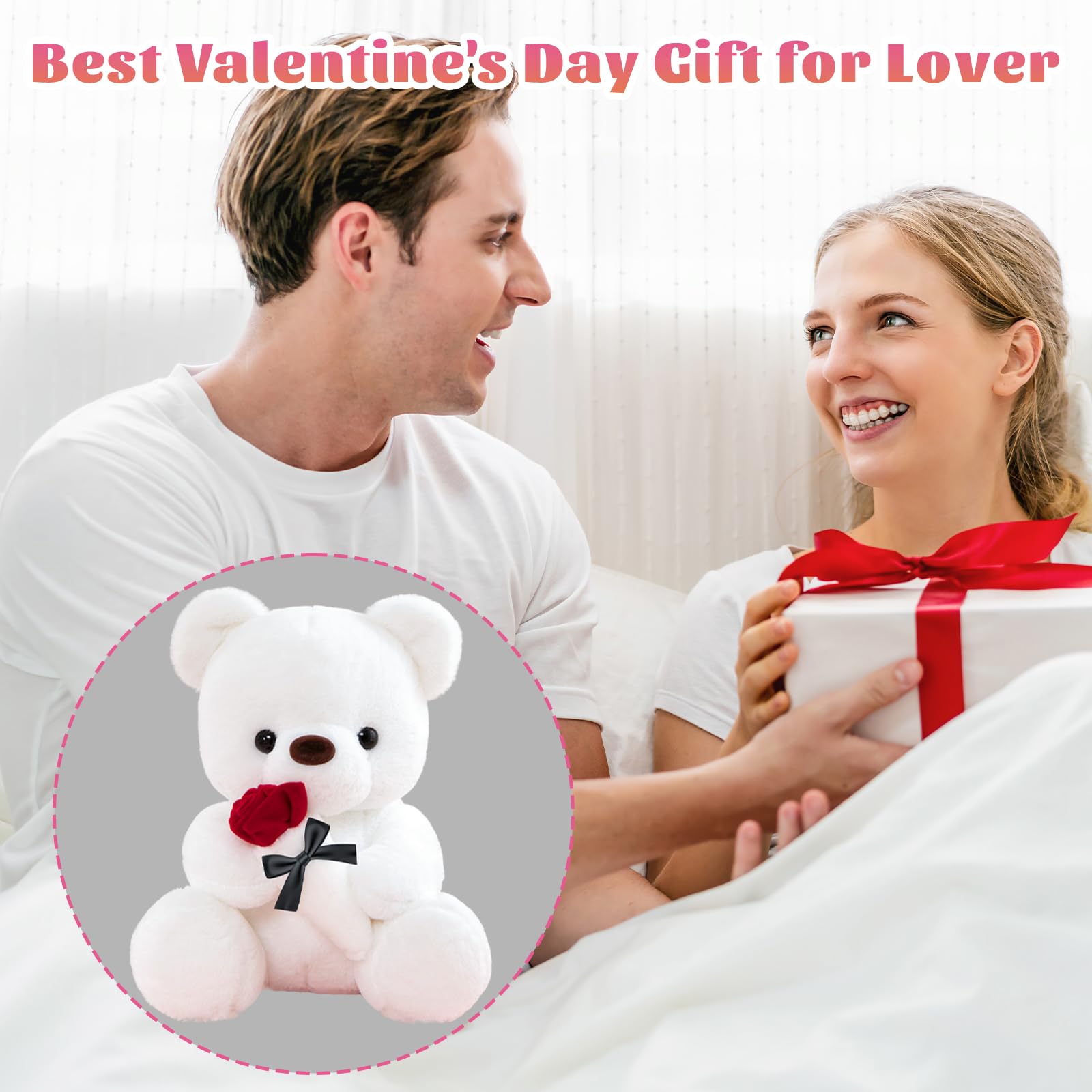 Orsacchiotto Peluche con Rosa, Bianco 35CM Regali Nozze Donna