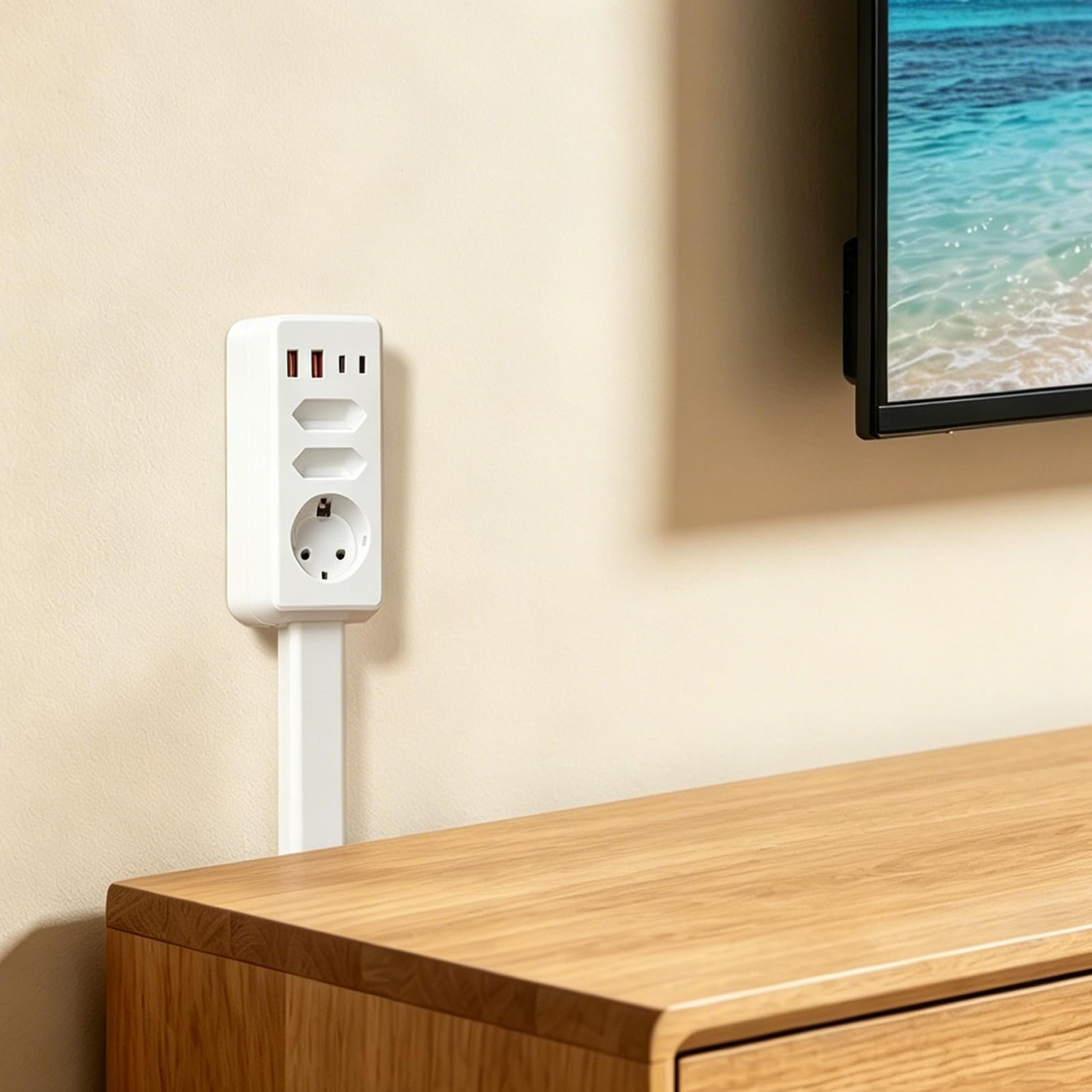 Enchufe eléctrico retráctil con puertos USB-C y USB-A | regleta extensible 44,5-65 cm para enchufes de difícil acceso detrás del sofá