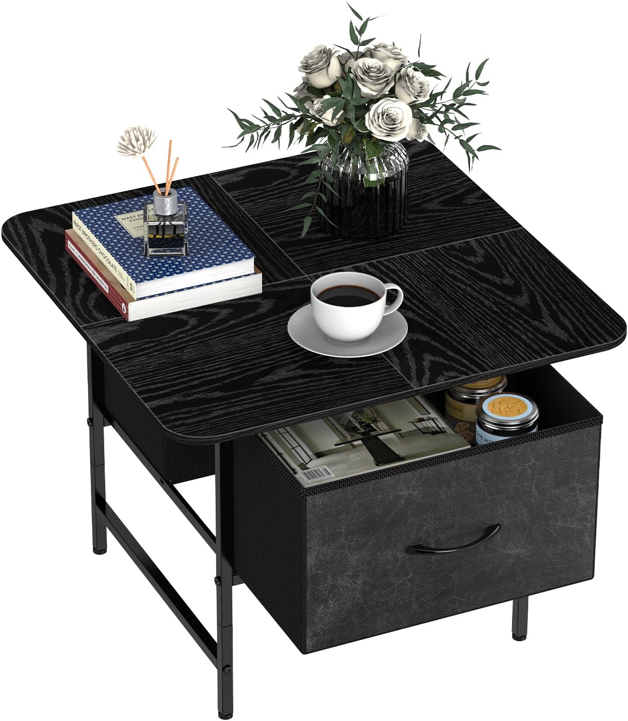 Shinoske Square Coffee Table with Storage Drawer,Small Black Coffee Tables for Living Room,2-Tier Farmhouse Center Table with Round Corners for Small Space,Apartment,Office