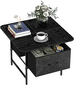 Shinoske Square Coffee Table with Storage Drawer,Small Black Coffee Tables for Living Room,2-Tier Farmhouse Center Table with Round Corners for Small Space,Apartment,Office