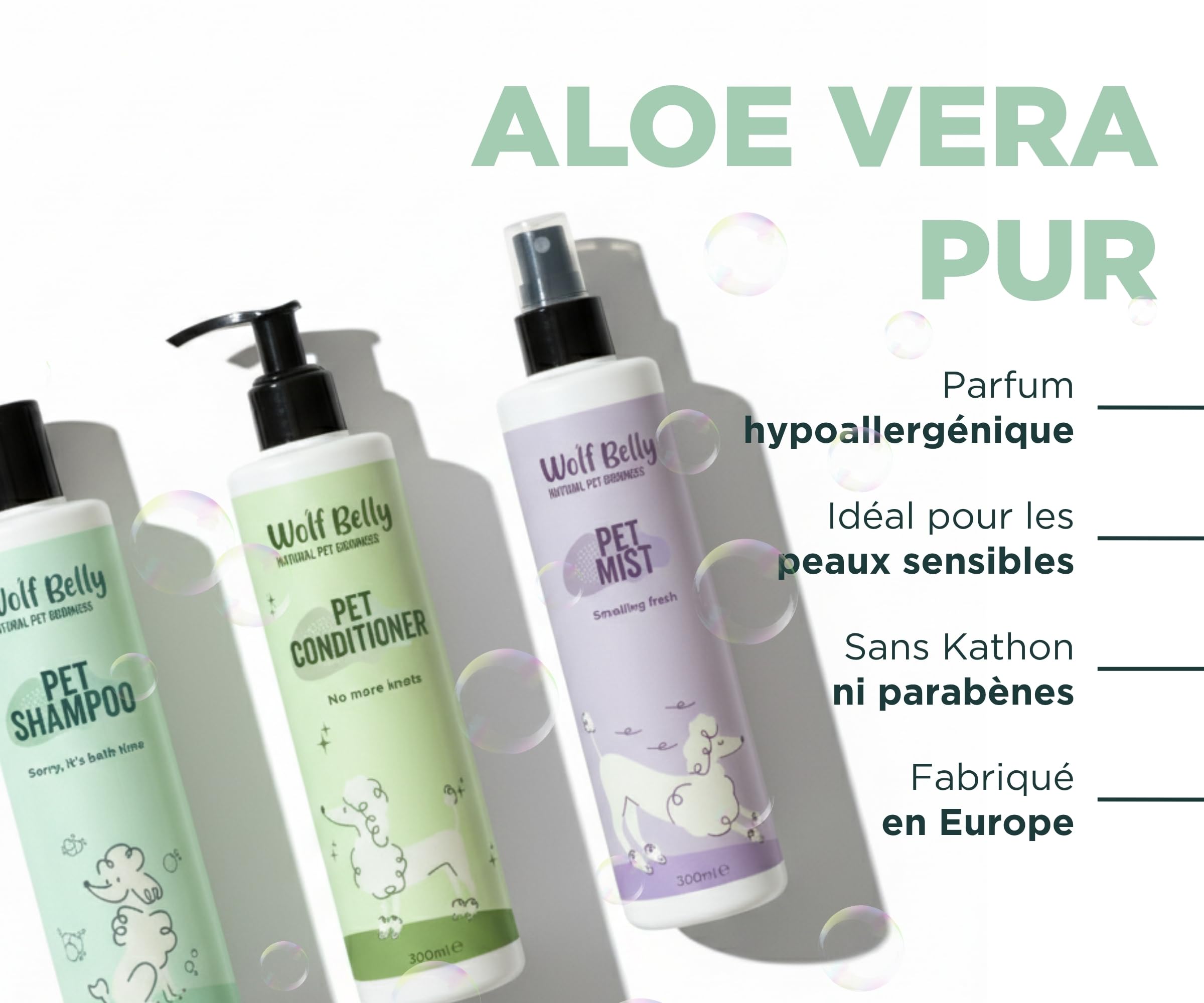 Wolf Belly - Pack Hygiène et Soin Complet pour Chiens et Chats | Shampoing + Après shampoing + Brume + Baume Coussinets | Aloe Vera 99%, Végan et Hypoallergénique - Fabriqué en UE