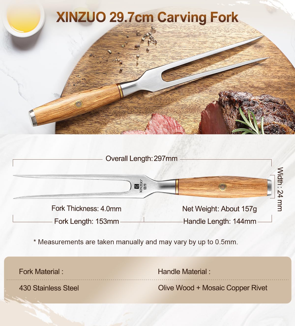 XINZUO 29.7cm Fourchette à Viande 430 Acier Inoxydable Fourchette à Découper, Chef Multifonctionnel Professionnel Barbecue Fourchette -Poignée en Bois d'Olivier -avec Boîte cadeau Exquise