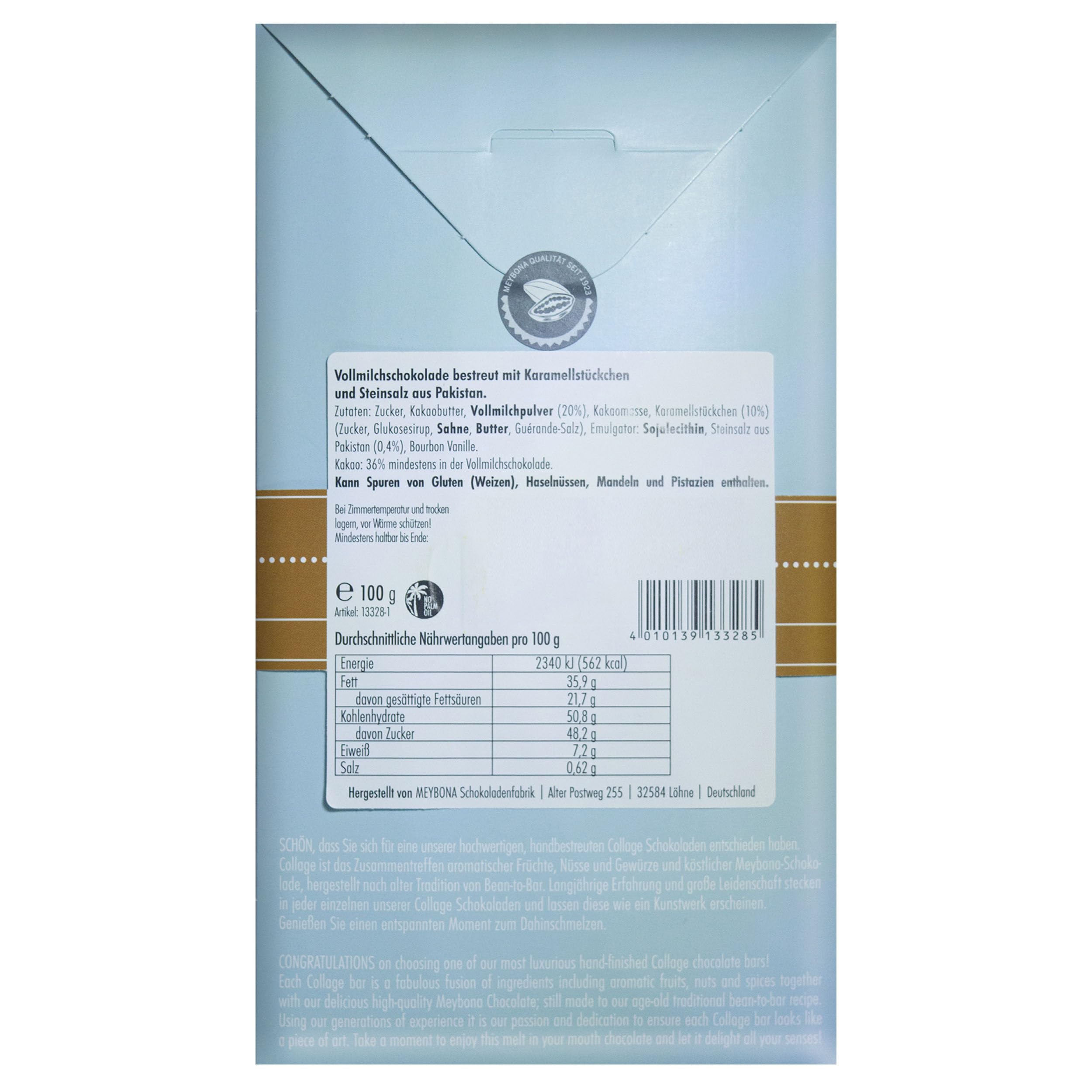 Meybona Collage Vollmilch-Schokolade 36% | Salty Caramel | 7x100g | Handbestreut, Edelkakao-Schokoladen, ausgewählte Edelkakaobohnen, 36% Kakao, Fairtrade Kakao, Bean-to-Bar