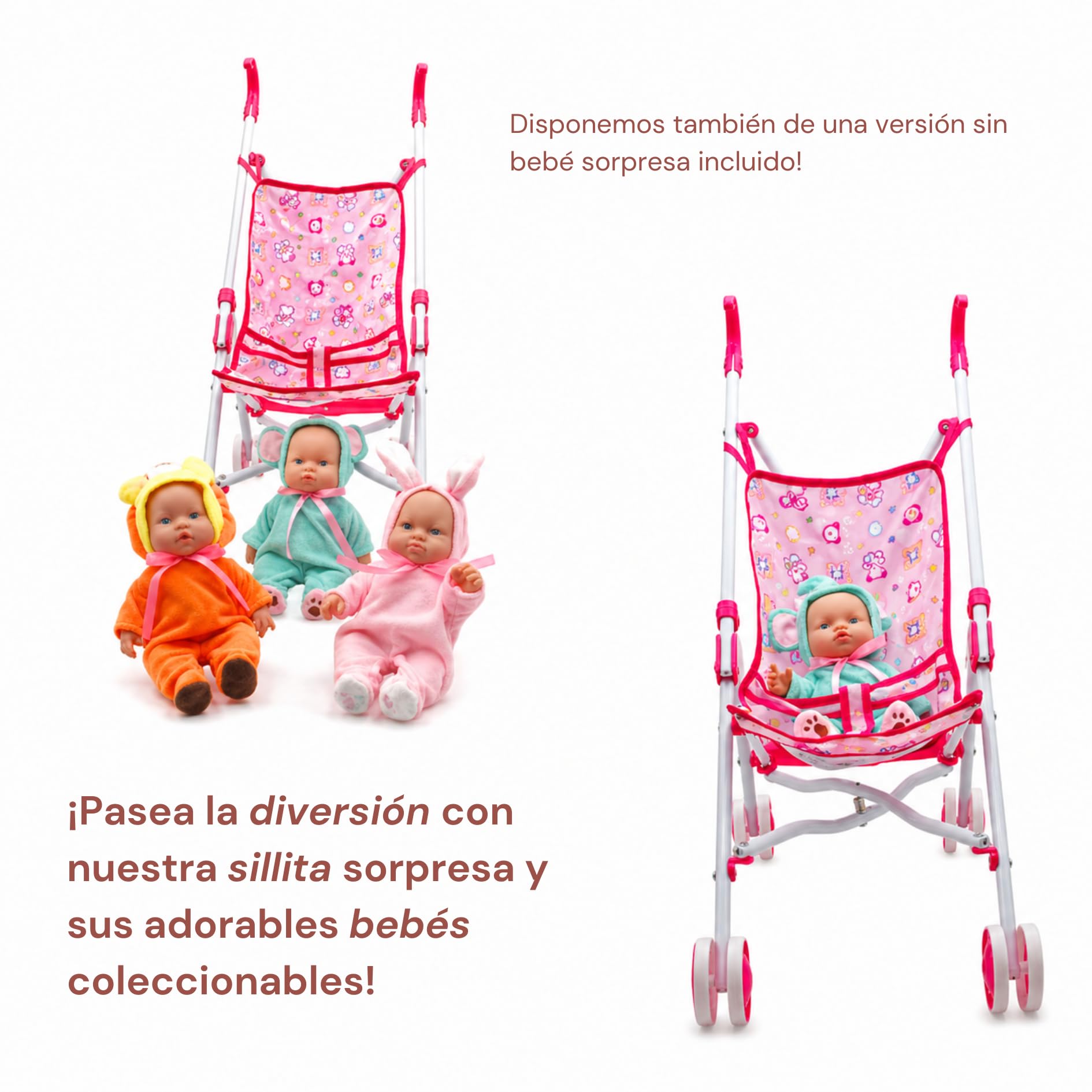 Sillita de Paseo para Muñecas - AMATOYS - Carrito Juguete Plegable - Pack 2 en 1 con Bebé Muñeco - Juego de Imitación y Paseo para Niñas y Niños (Carrito Pink_Bebe Color)