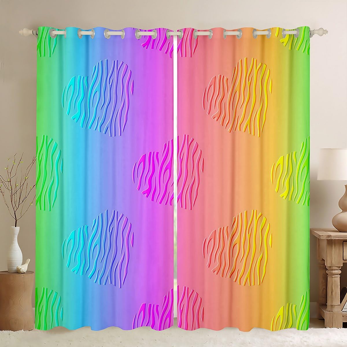 Erosebridal Cute Rainbow Curtains for Kids Boys Girls Colorful Ombre Gradient Curtains & Drapes, Kawaii Love Hearts Blackout Curtains Zebra Print Bedroom Curtains, Girly Psychedelic Window Treatments